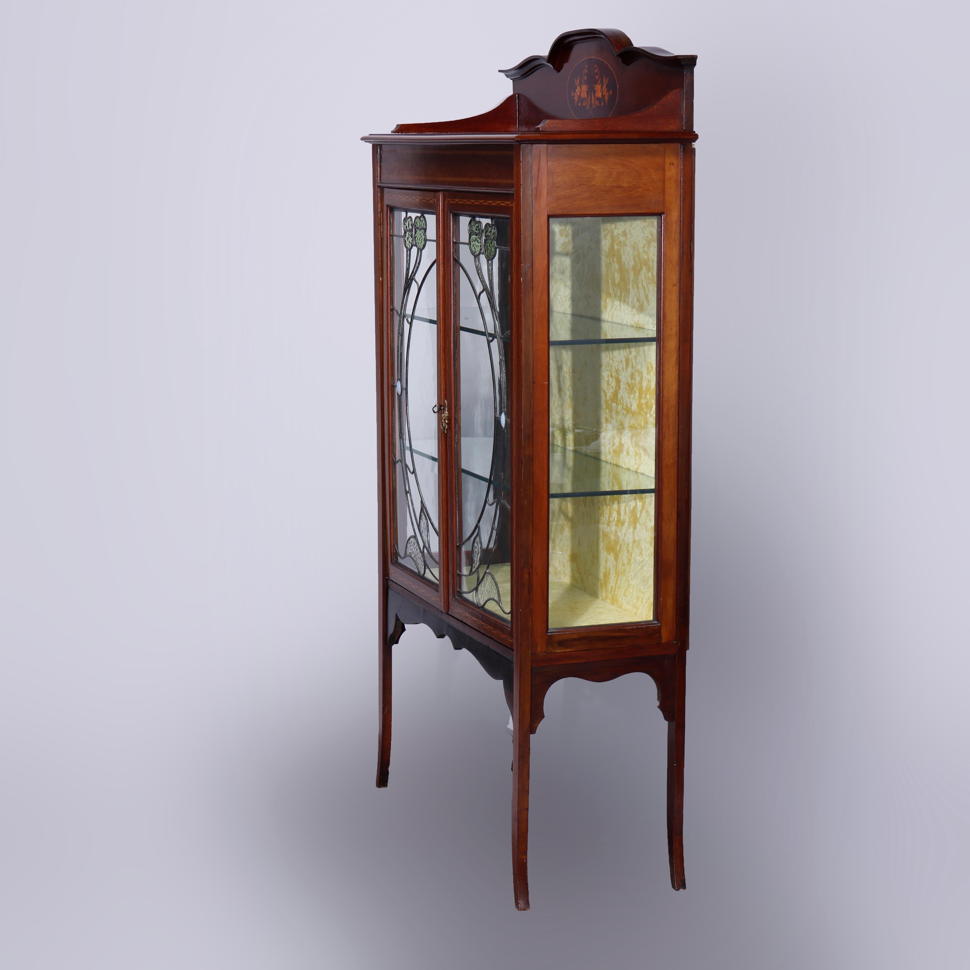 Antique Art Nouveau Marquetry Inlaid Floral Leaded Glass China Cabinet, c1900 In Good Condition In Big Flats, NY