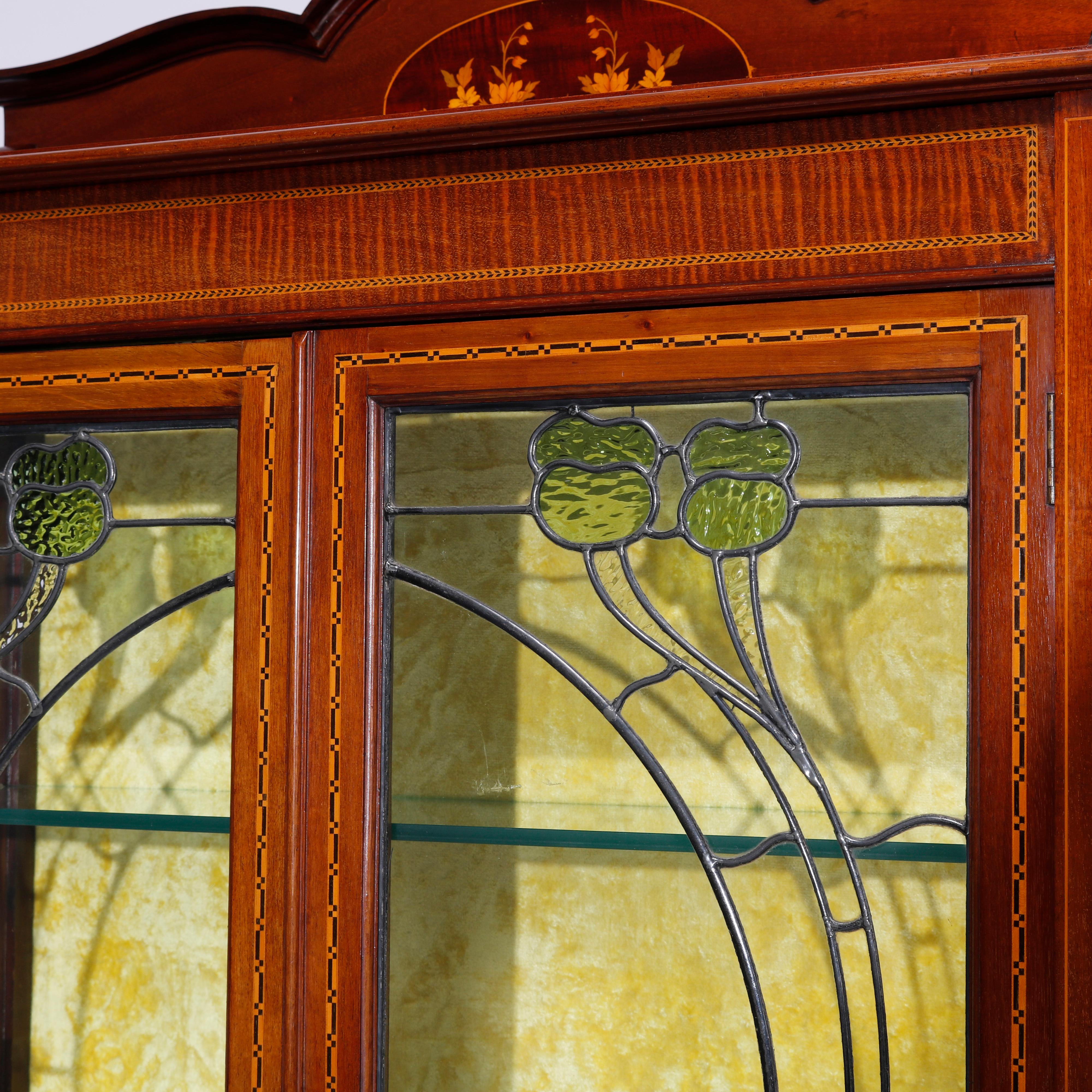 20th Century Antique Art Nouveau Marquetry Inlaid Floral Leaded Glass China Cabinet, c1900