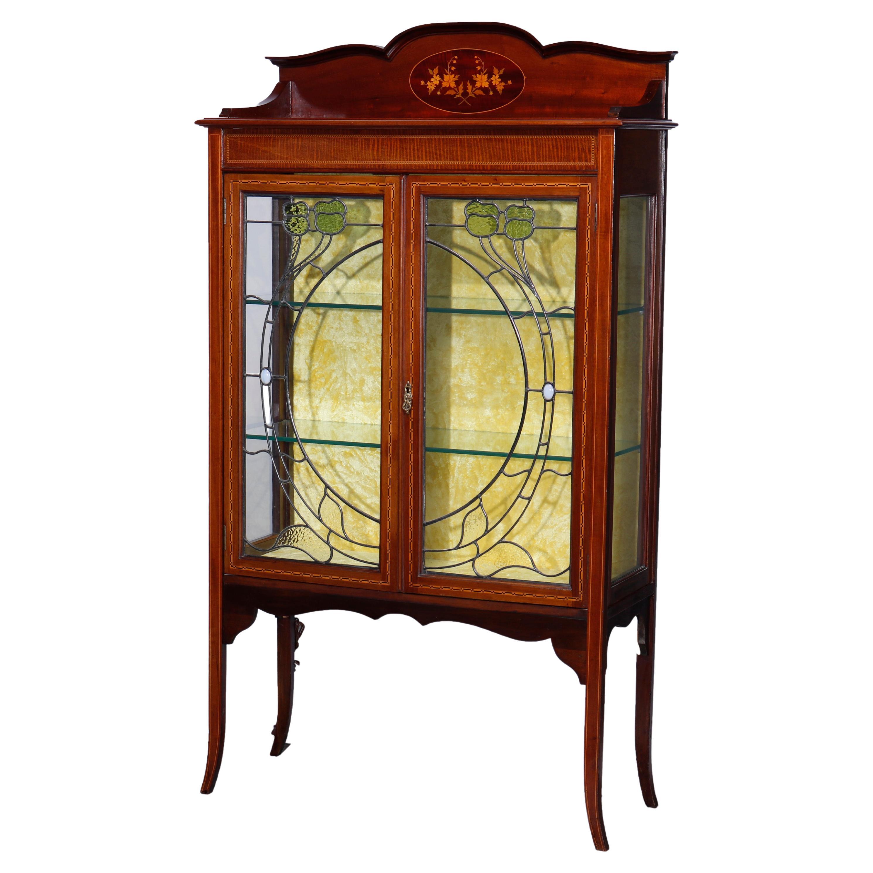 Antique Art Nouveau Marquetry Inlaid Floral Leaded Glass China Cabinet, c1900