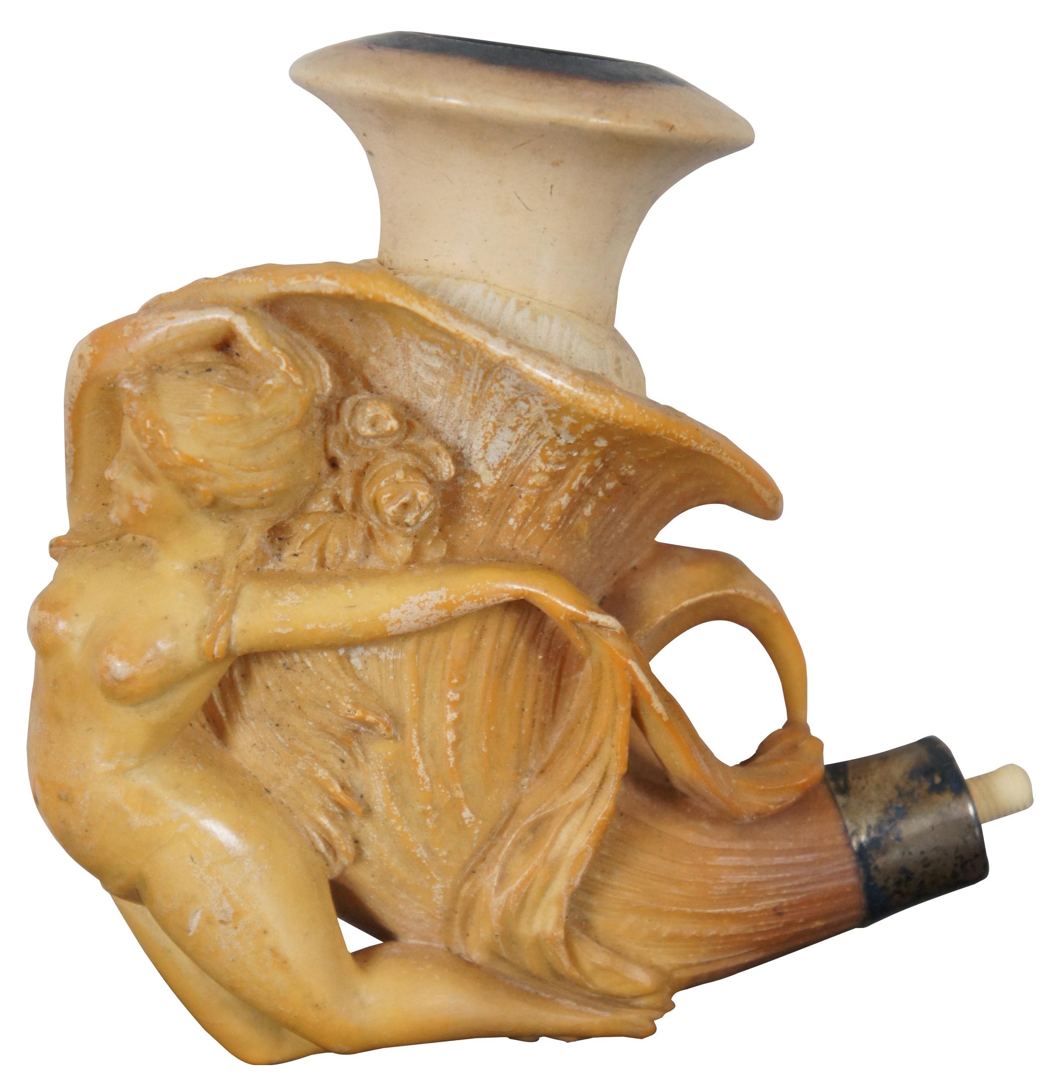 Antique Art Nouveau Meerschaum Smoking Pipe Ambenuder Nude Woman & Case In Good Condition In Dayton, OH