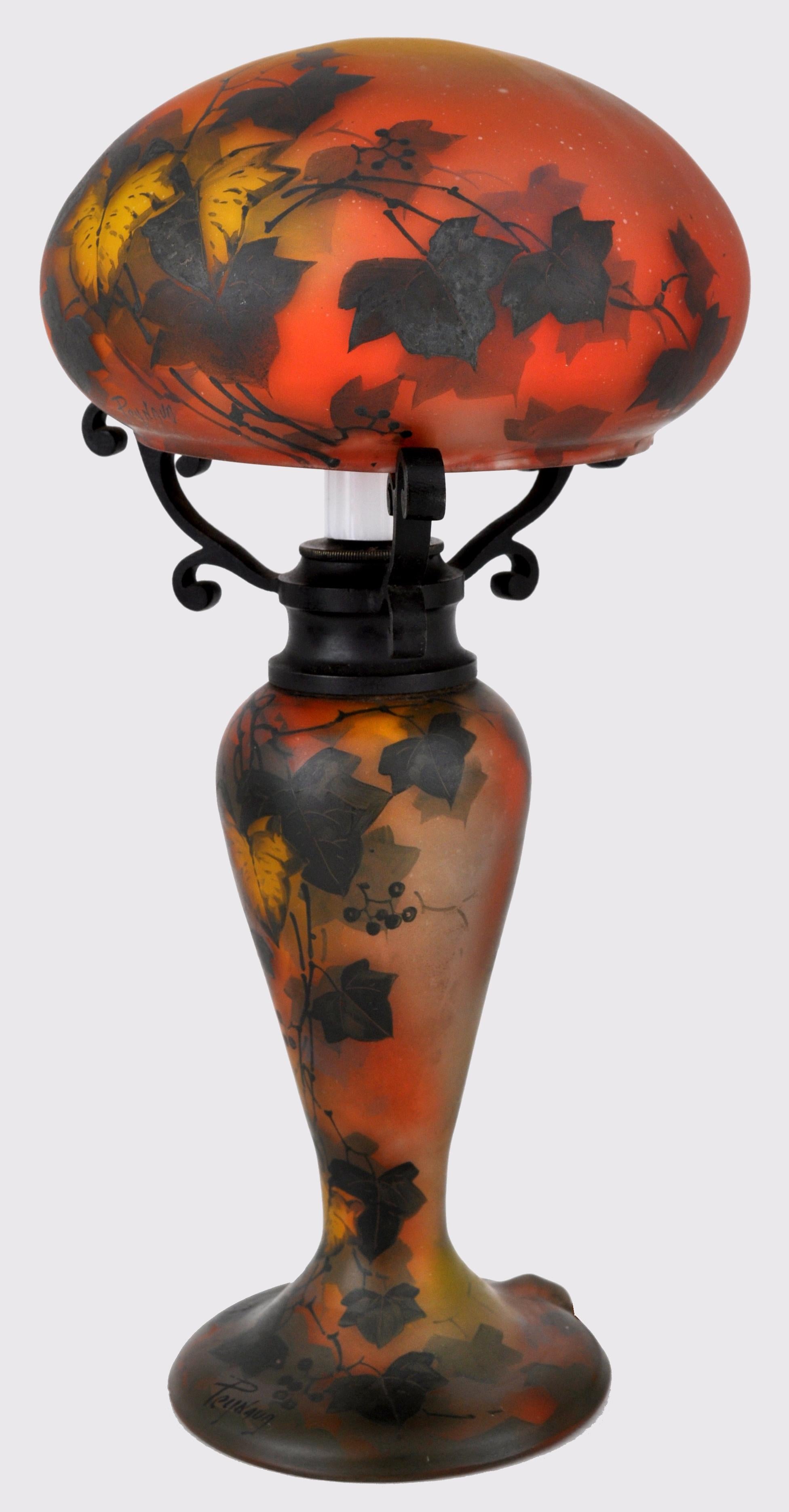 Antique Art Nouveau hand painted 'Mushroom' cameo glass lamp by Jean-Simon (Jany) Peynaud (French, 1869-1952), circa 1915. The lamp of a mushroom-shaped form with a bun-shaped top and waisted base. The lamp having multi-layered glass and is hand
