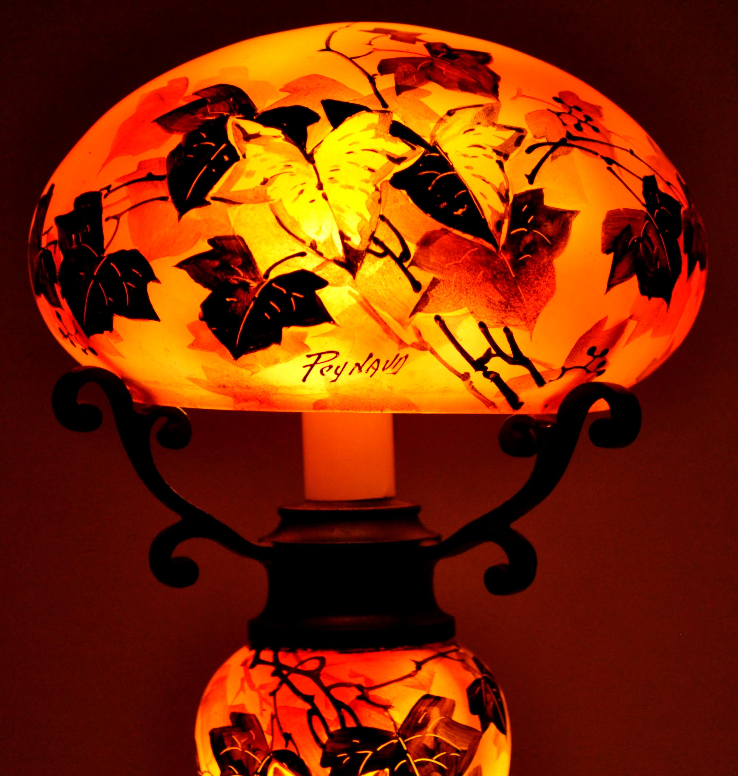 Hand-Painted Antique Art Nouveau 'Mushroom' Cameo Glass Lamp by Jean-Simon Peynaud circa 1915