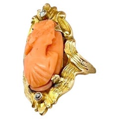 Antique Art Nouveau Natural Coral Cameo Lady Diamond Ring 10ct Yellow Gold Circa