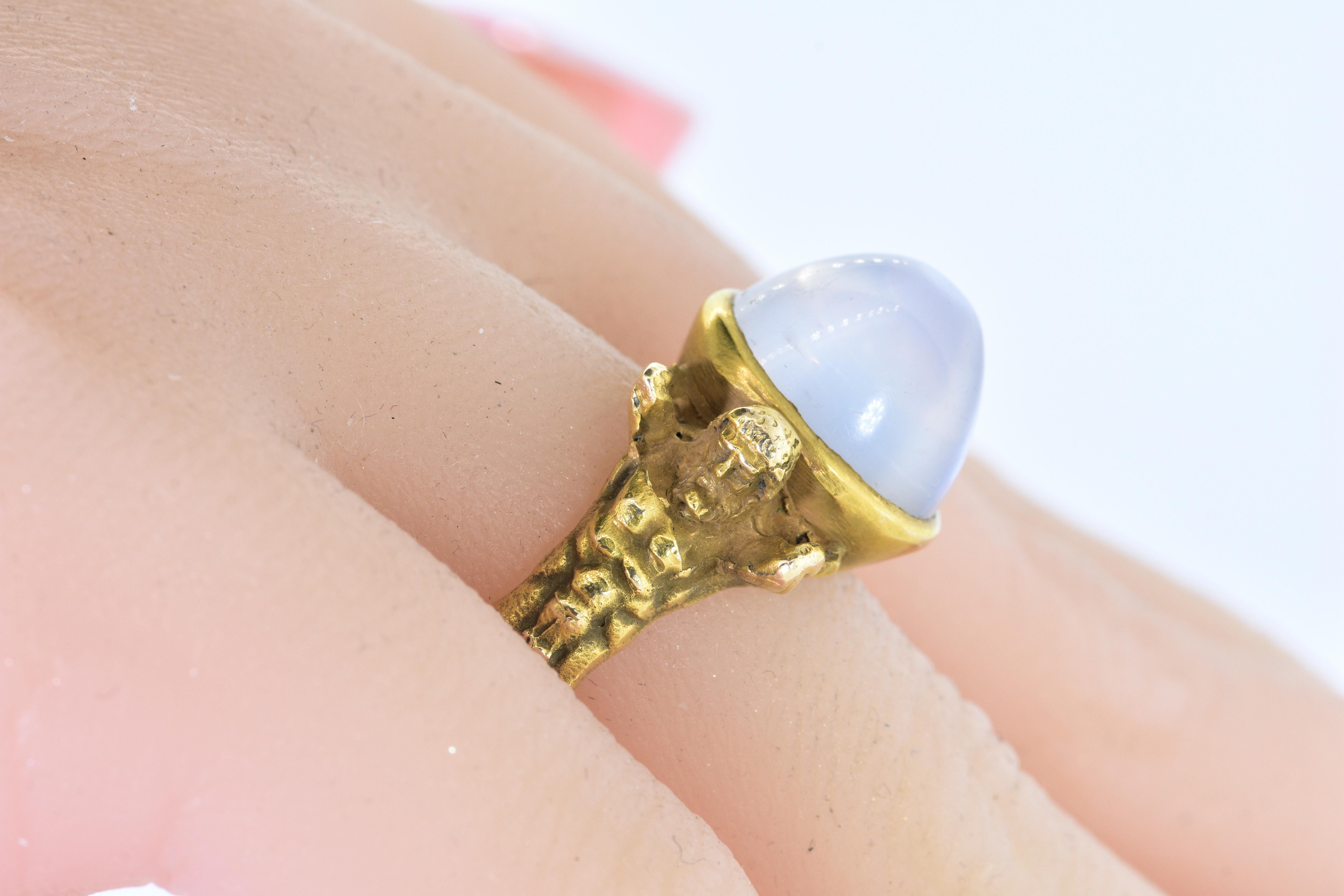 Antique Art Nouveau Natural Moonstone and Gold Figural Ring, circa 1900 In Excellent Condition In Aspen, CO