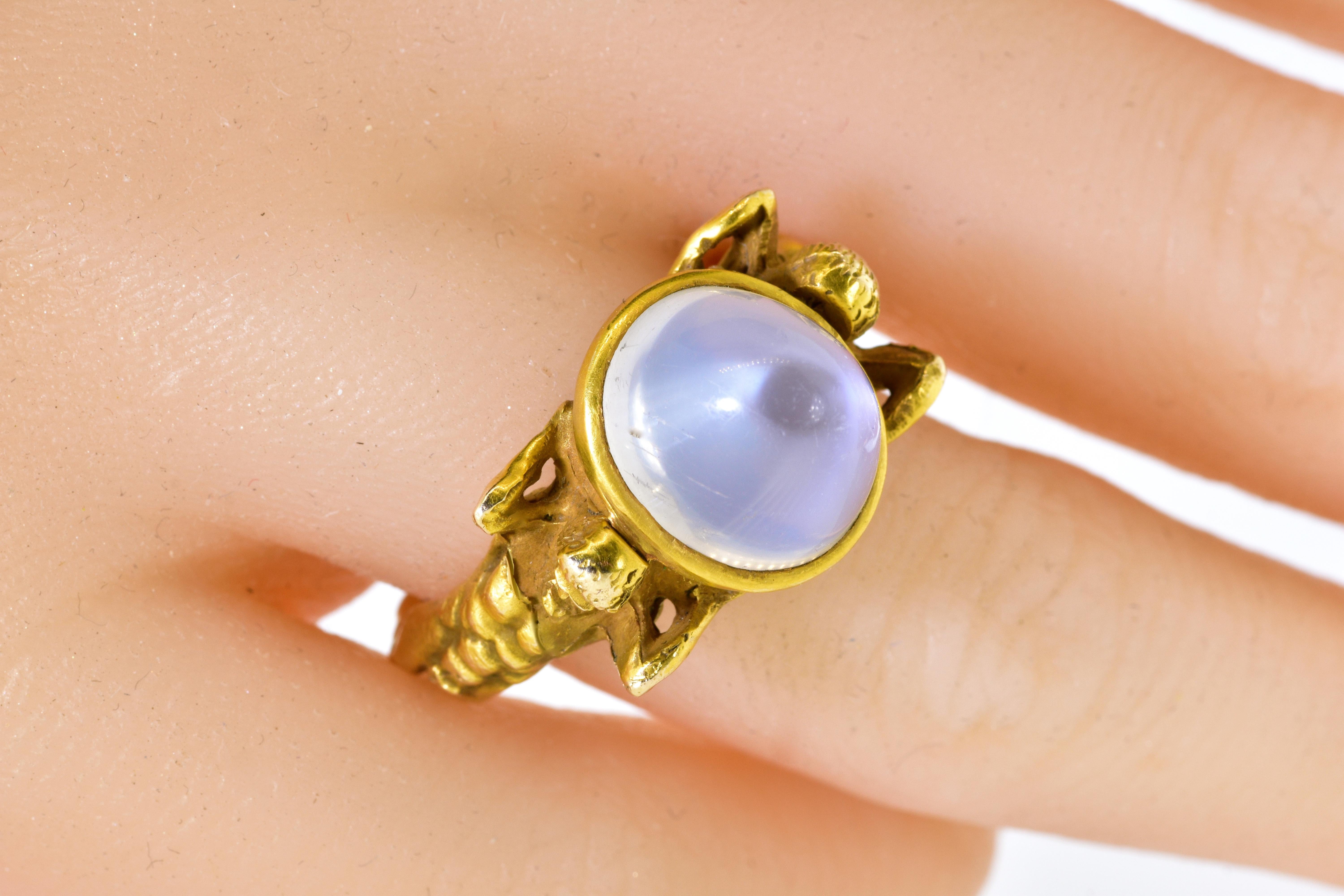 Women's or Men's Antique Art Nouveau Natural Moonstone and Gold Figural Ring, circa 1900