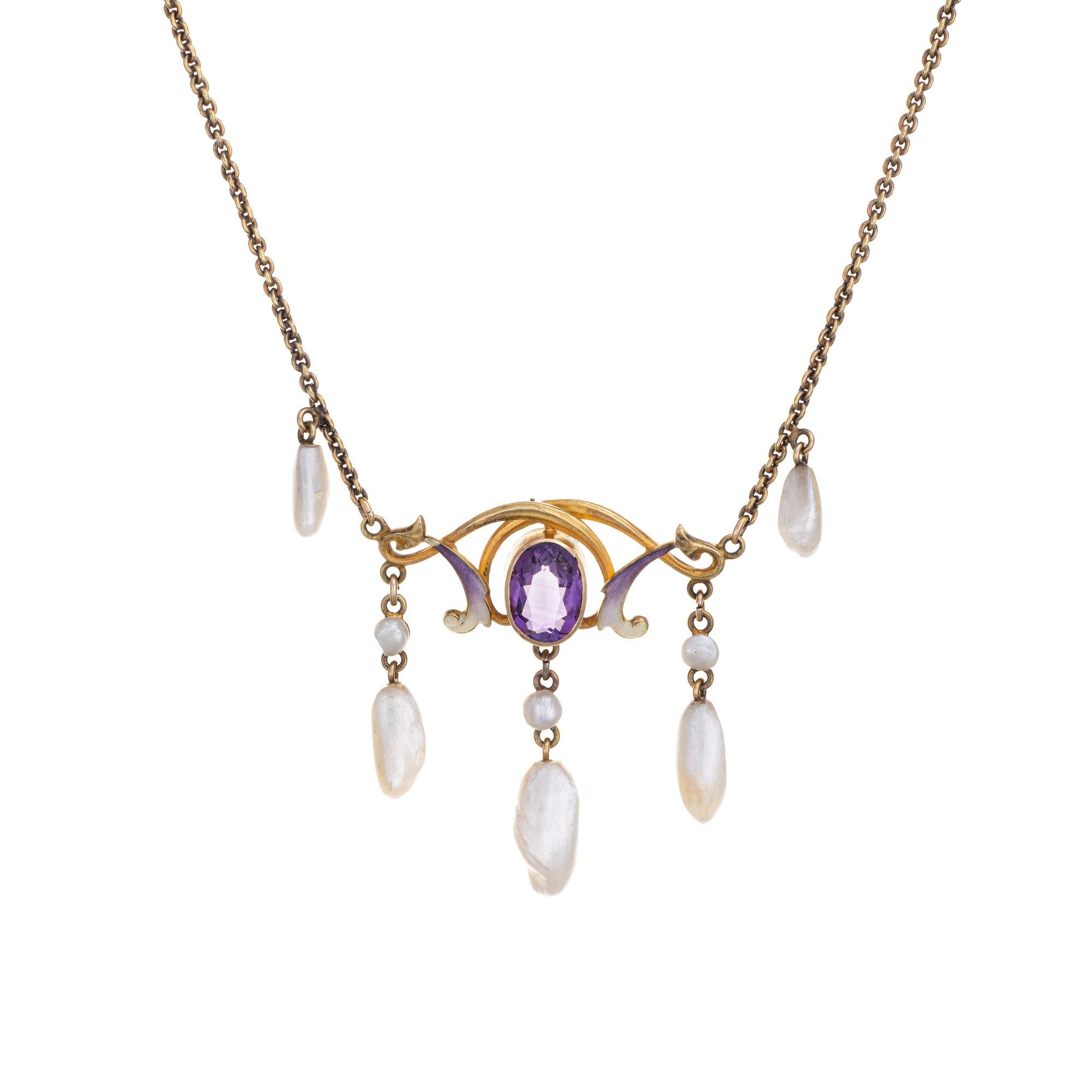 Antique Art Nouveau Necklace 14k Gold Amethyst Sawtooth Pearl Enamel Vintage In Good Condition For Sale In Torrance, CA
