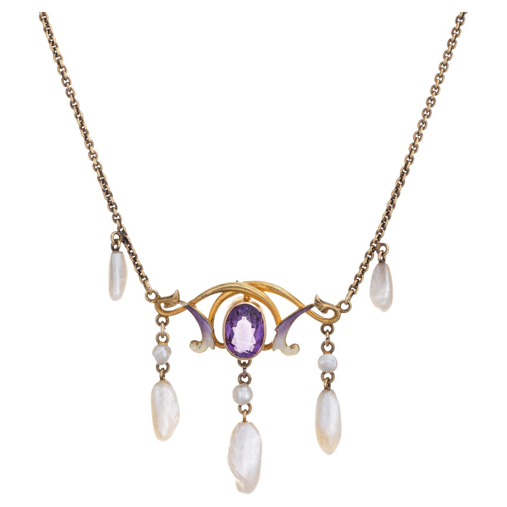 Antique Art Nouveau Necklace 14k Gold Amethyst Sawtooth Pearl Enamel Vintage