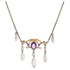 Antique Art Nouveau Necklace 14k Gold Amethyst Sawtooth Pearl Enamel Vintage