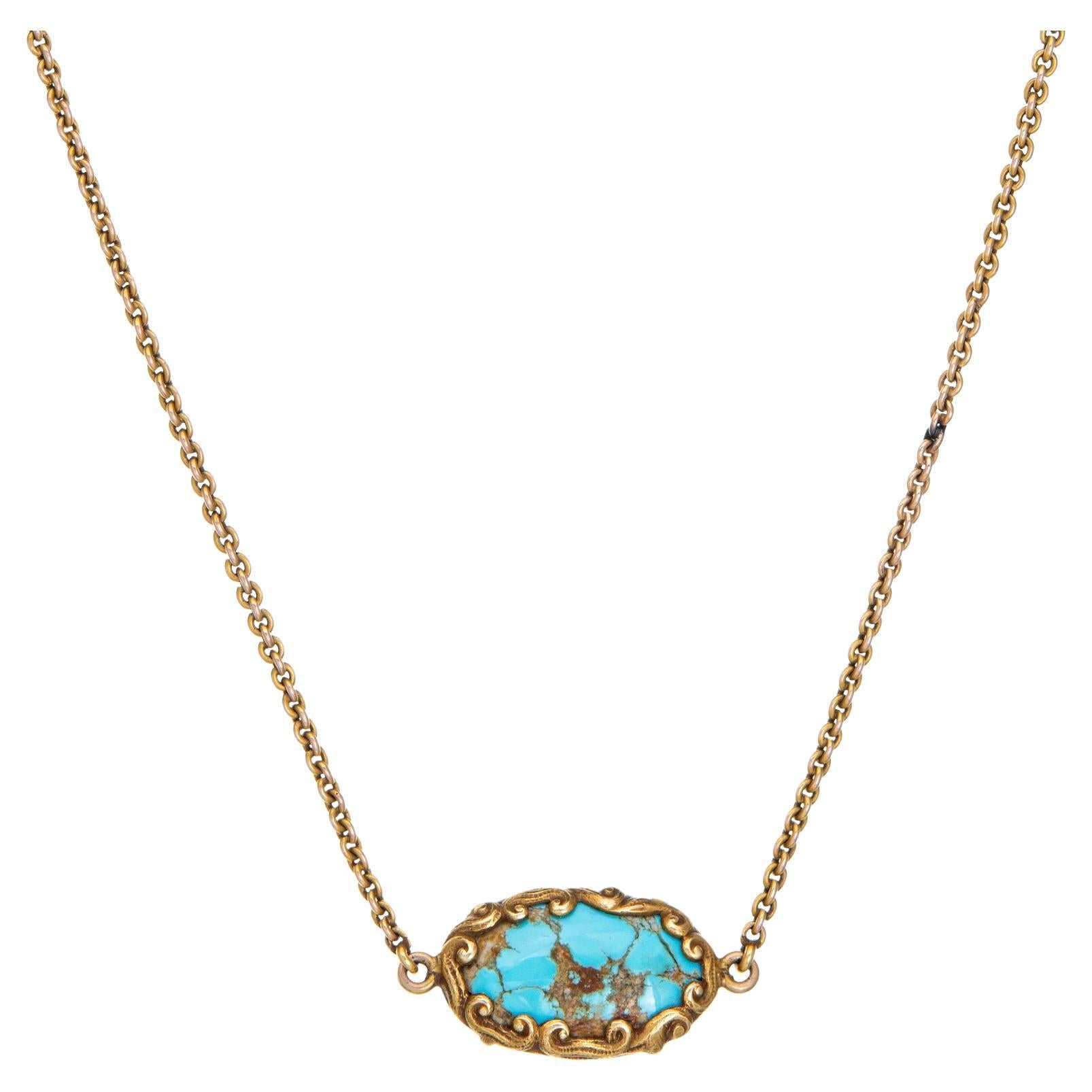 Antique Art Nouveau Necklace Turquoise 14k Yellow Gold 16.5" Watch Chain  For Sale