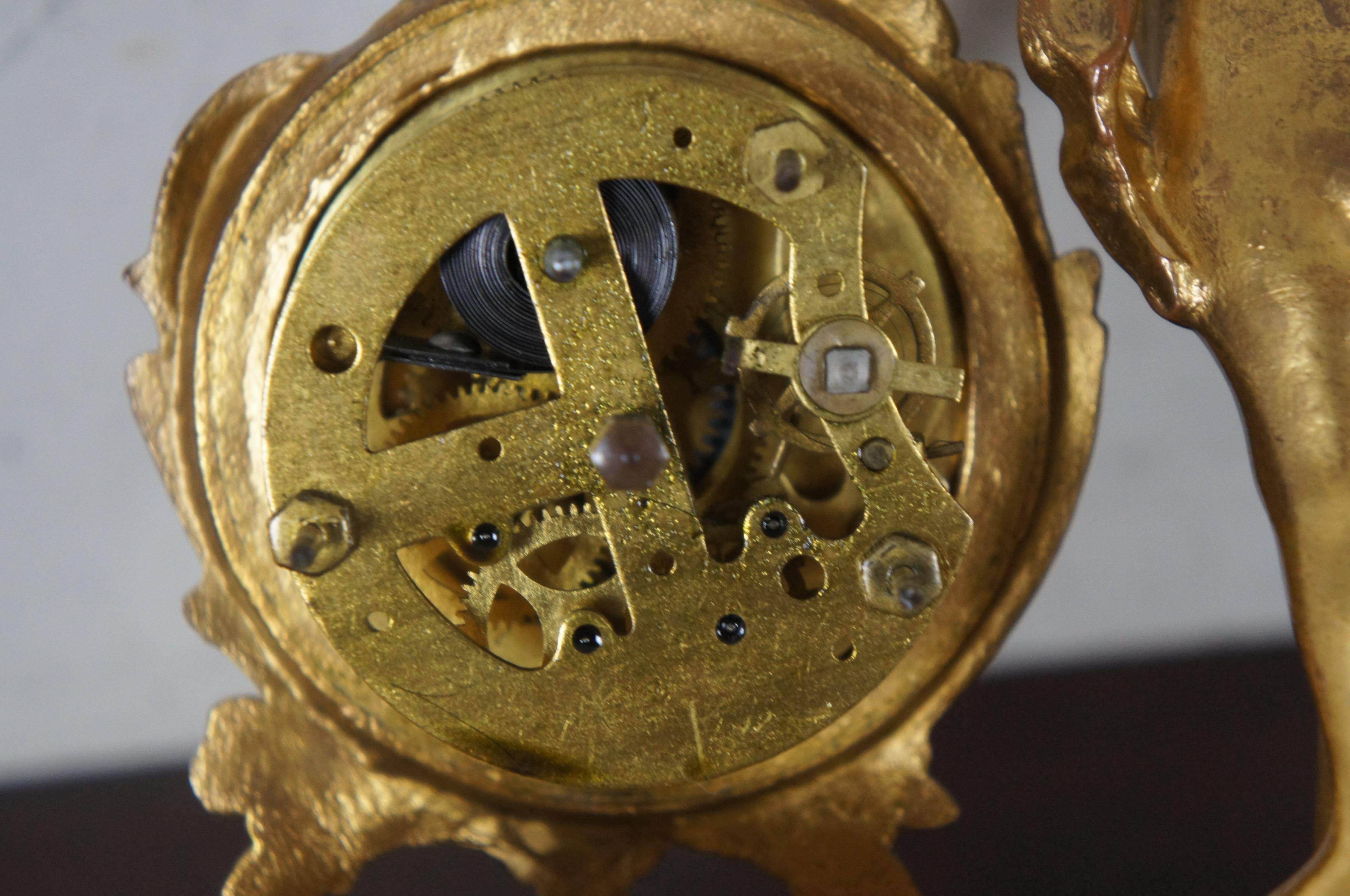 Antique Art Nouveau New Haven Clock Co Figural Gilt Metal Cherub Desk Clock 4