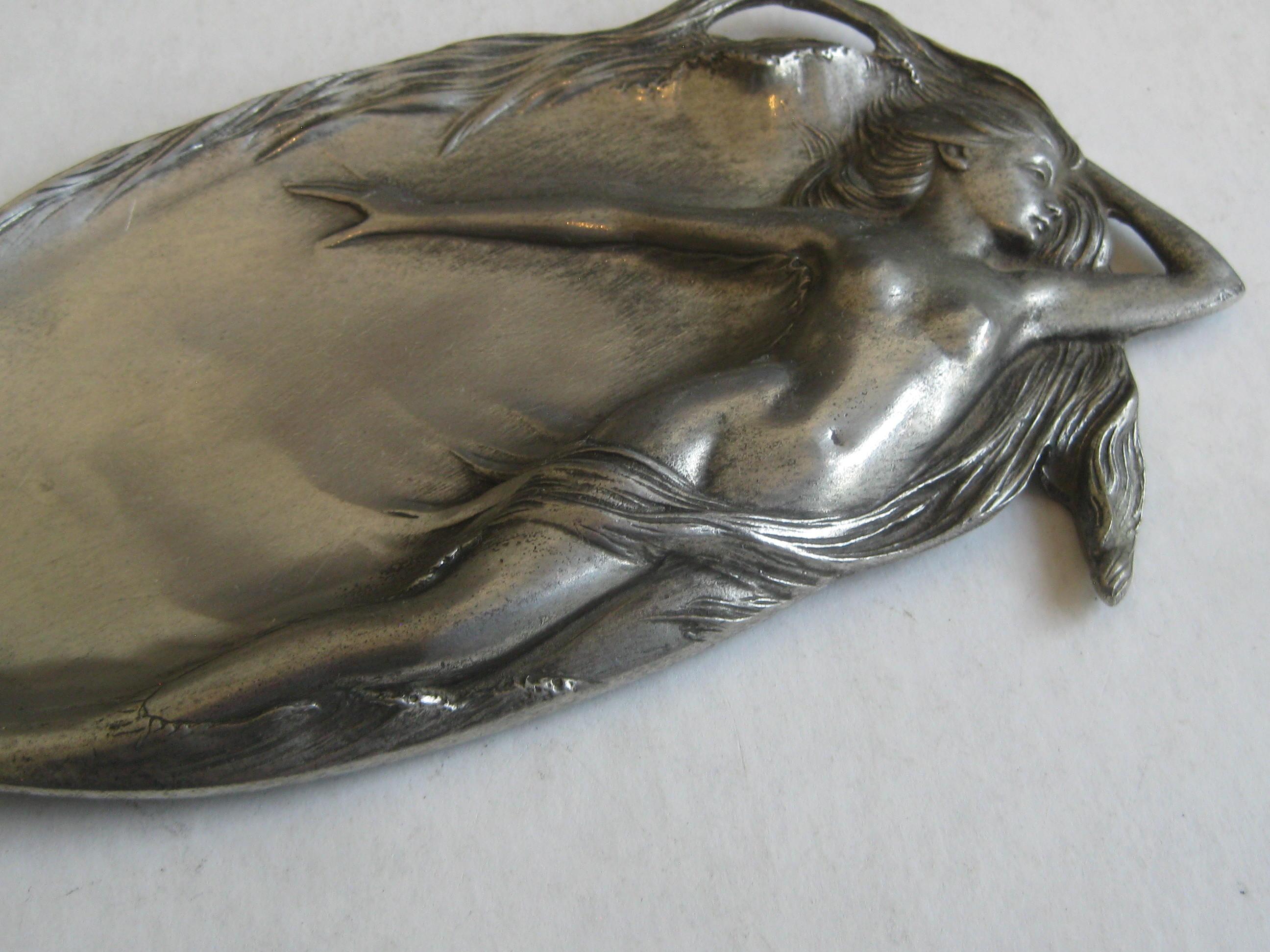 Antique Art Nouveau Nude Lady Woman Figural E.P.U. Relief Design Pewter Tray 3