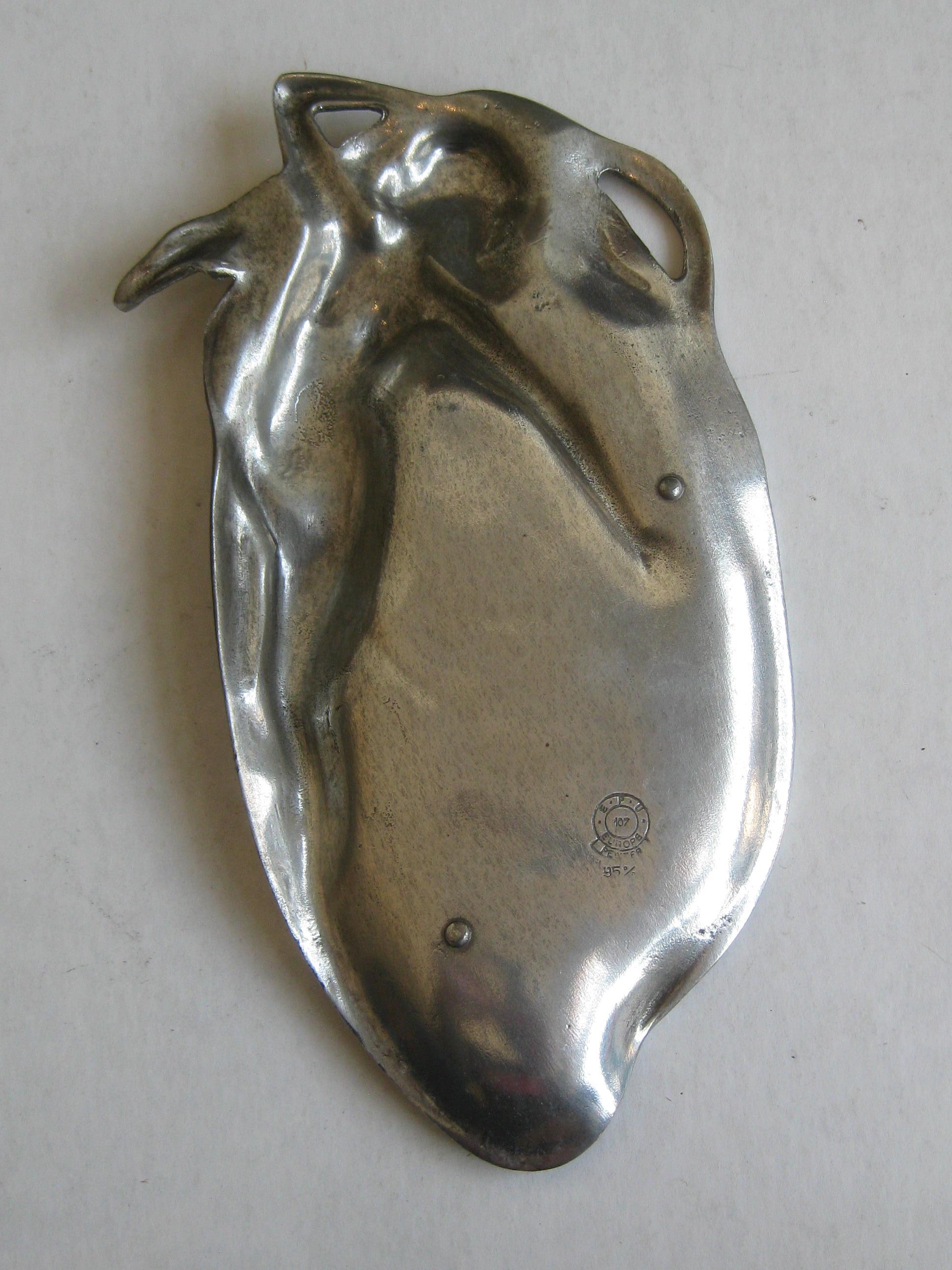 Antique Art Nouveau Nude Lady Woman Figural E.P.U. Relief Design Pewter Tray 4