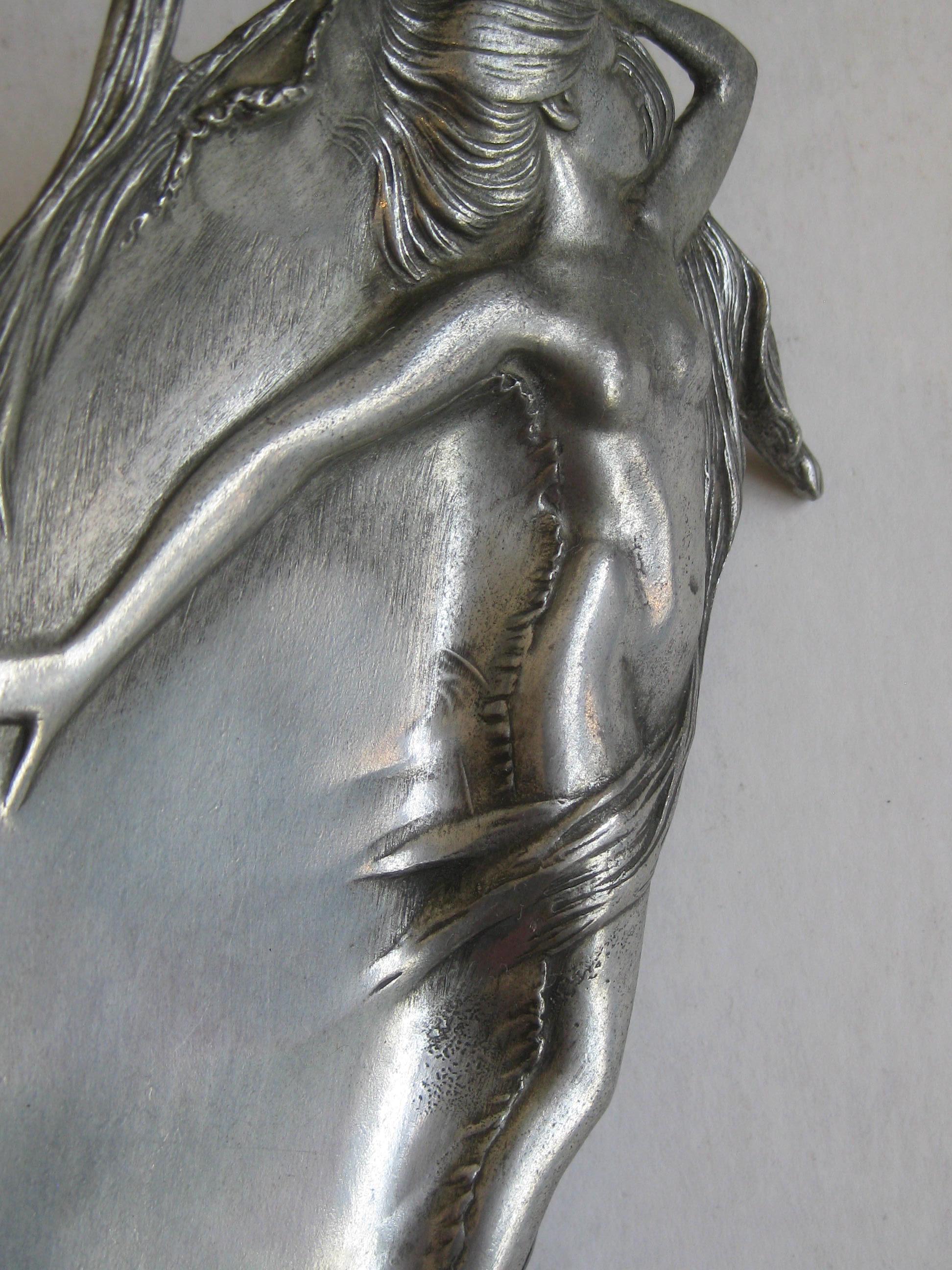 20th Century Antique Art Nouveau Nude Lady Woman Figural E.P.U. Relief Design Pewter Tray