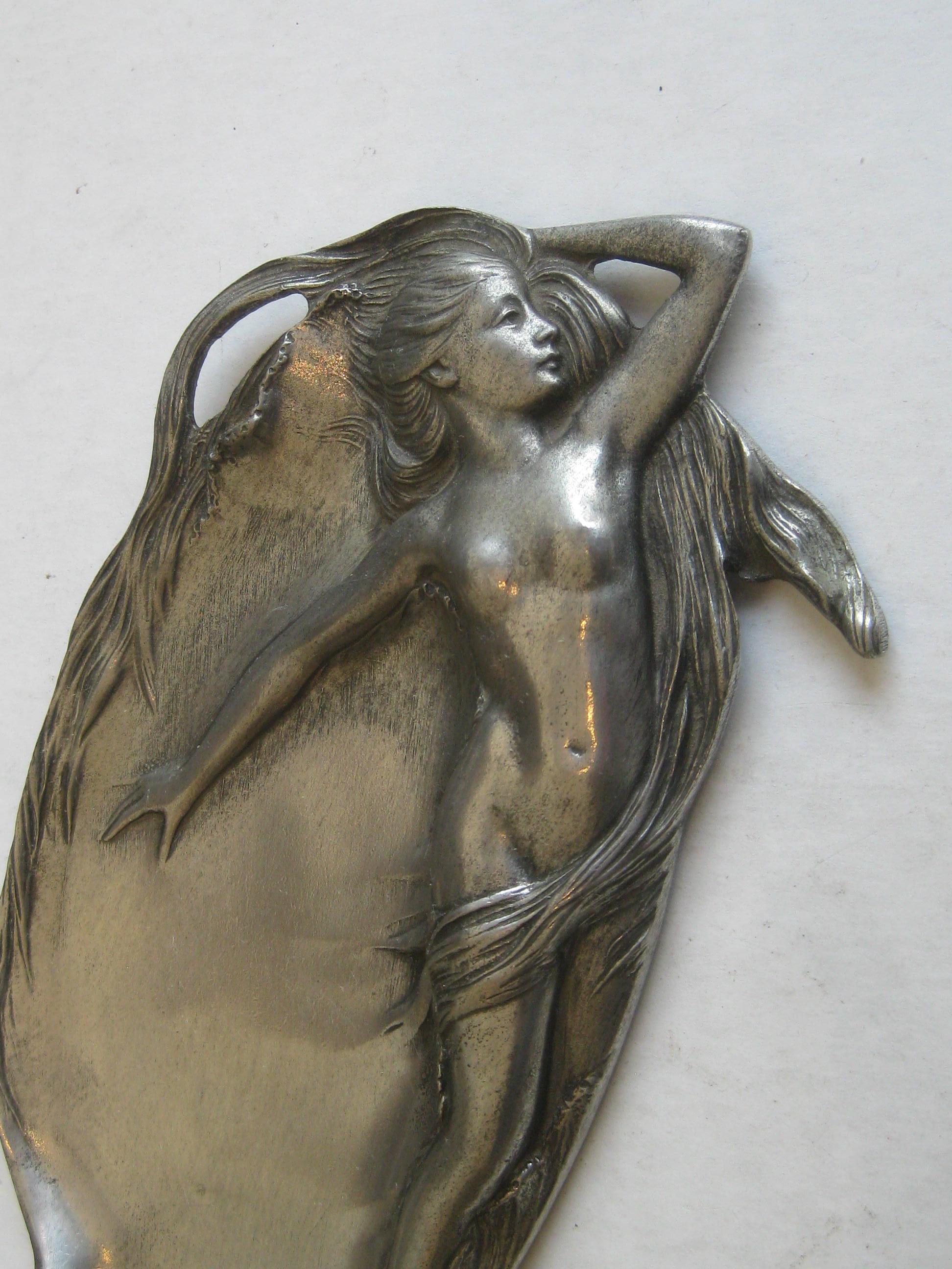 Antique Art Nouveau Nude Lady Woman Figural E.P.U. Relief Design Pewter Tray 1