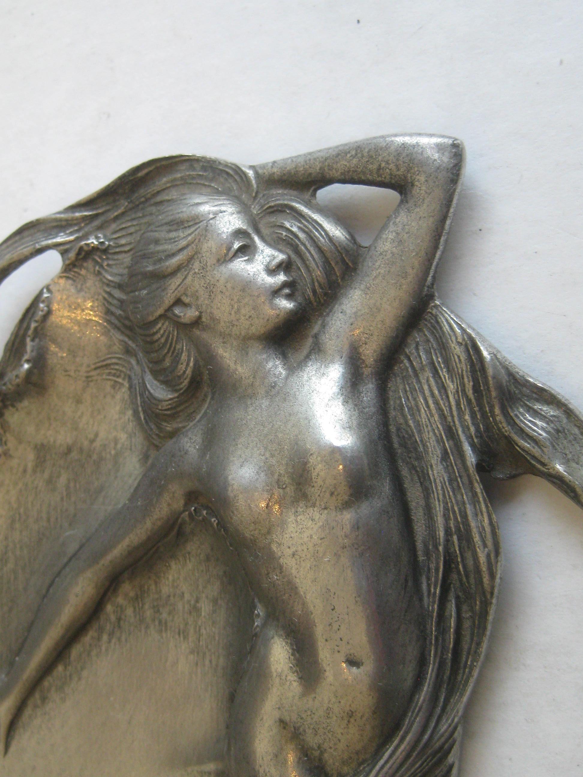 Antique Art Nouveau Nude Lady Woman Figural E.P.U. Relief Design Pewter Tray 2