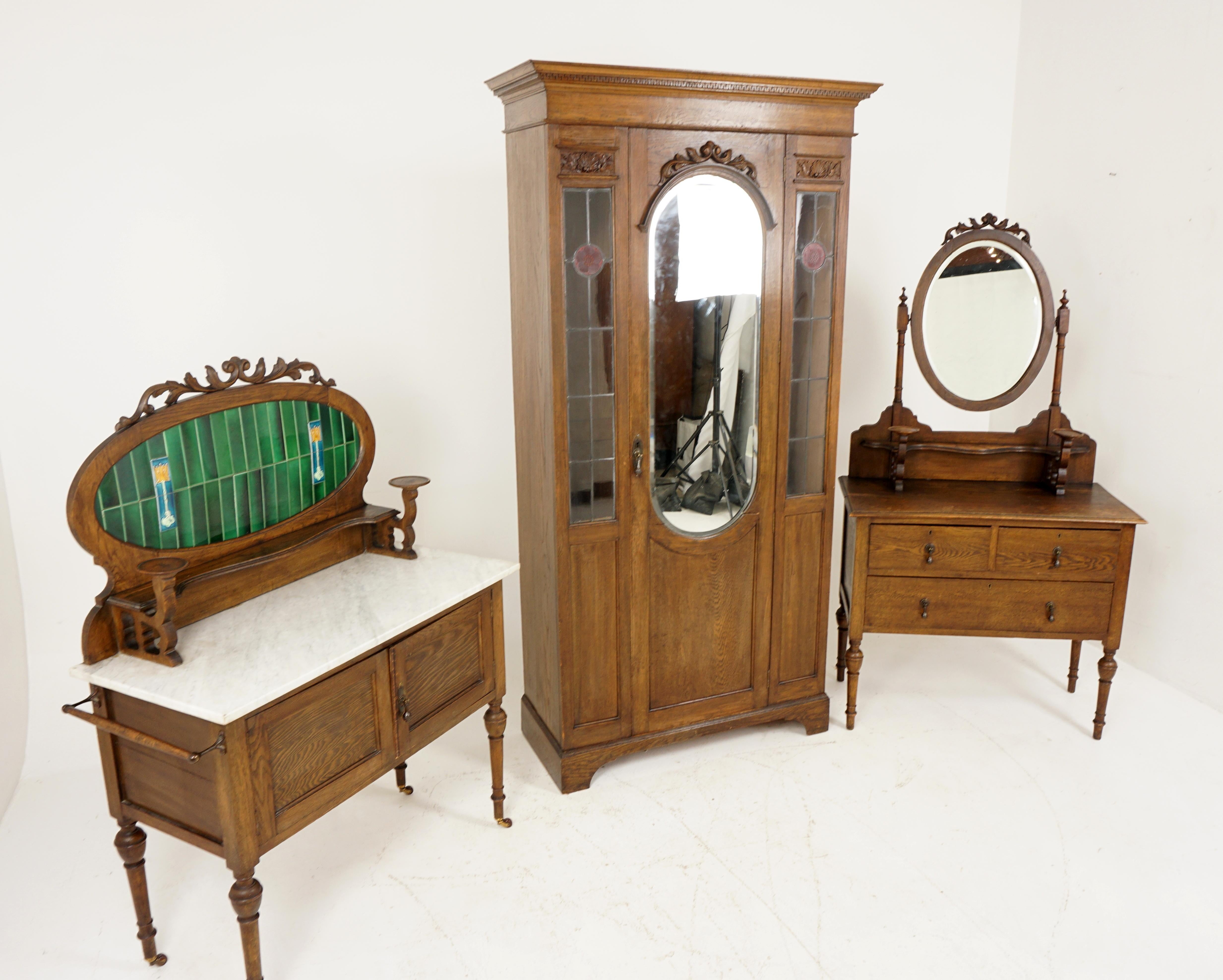 Scottish Antique Art Nouveau Oak 3 Piece Bedroom Suite, Scotland 1910, B2628