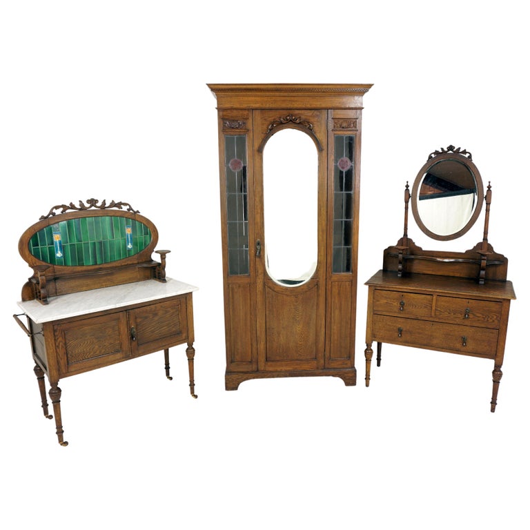 Antique Art Nouveau Oak 3 Piece Bedroom Suite, Scotland 1910, B2628 For