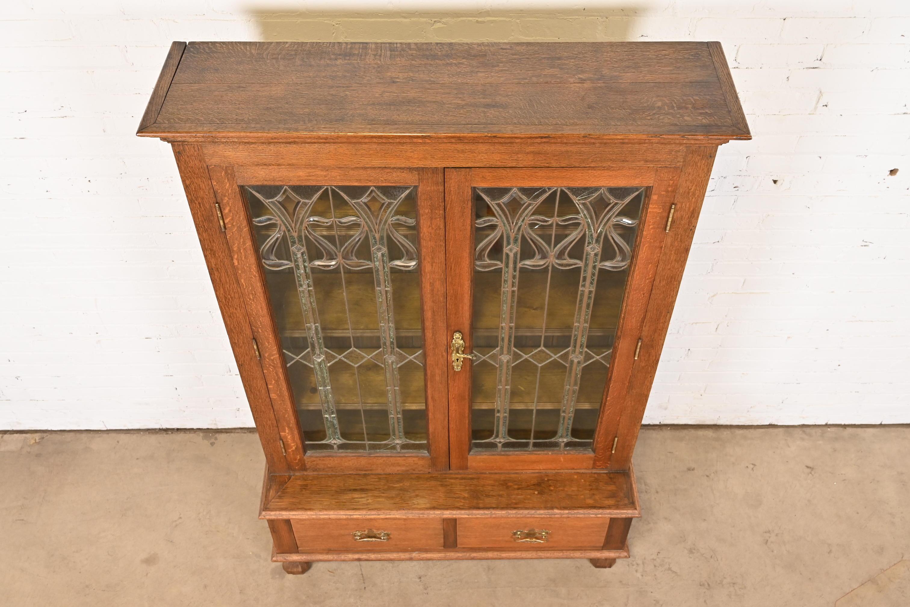 Antique Art Nouveau Oak Bookcase With Beveled Leaded Glass Doors, Circa 1900 5