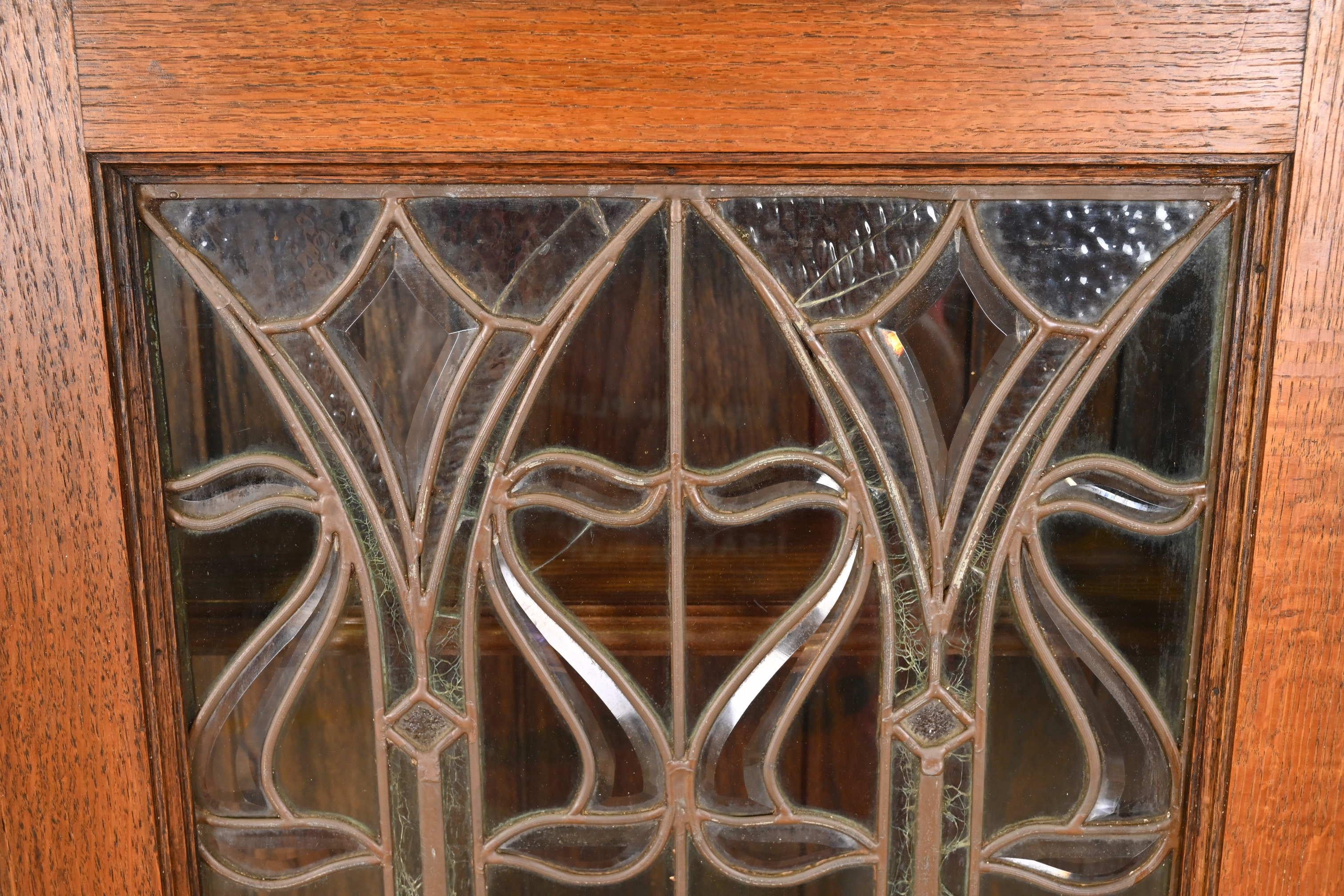 Antique Art Nouveau Oak Bookcase With Beveled Leaded Glass Doors, Circa 1900 6