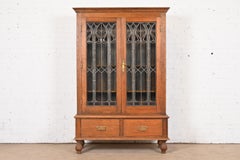 Antique Art Nouveau Oak Bookcase With Beveled Leaded Glass Doors, Circa 1900