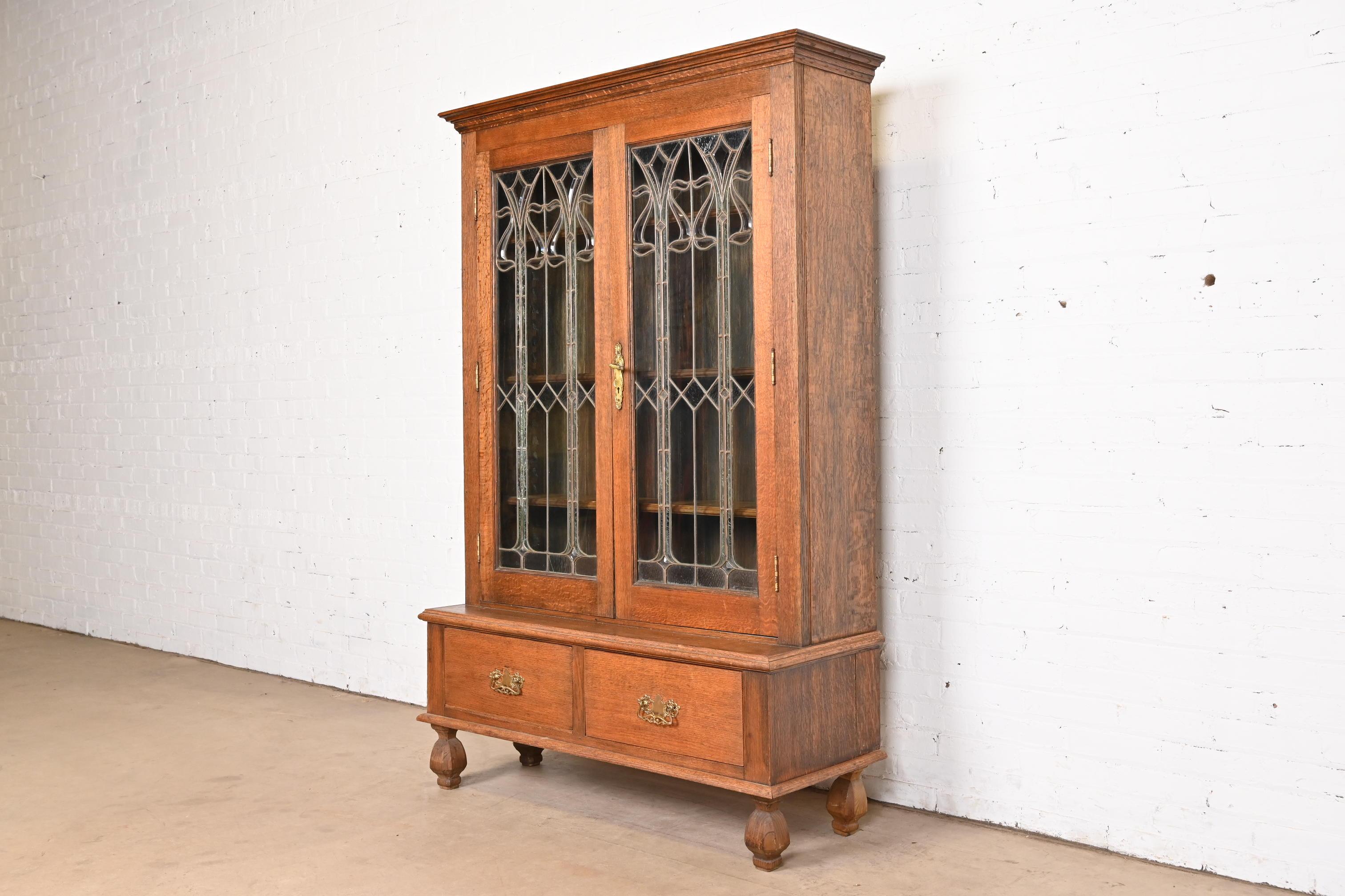 American Antique Art Nouveau Oak Bookcase With Beveled Leaded Glass Doors, Circa 1900