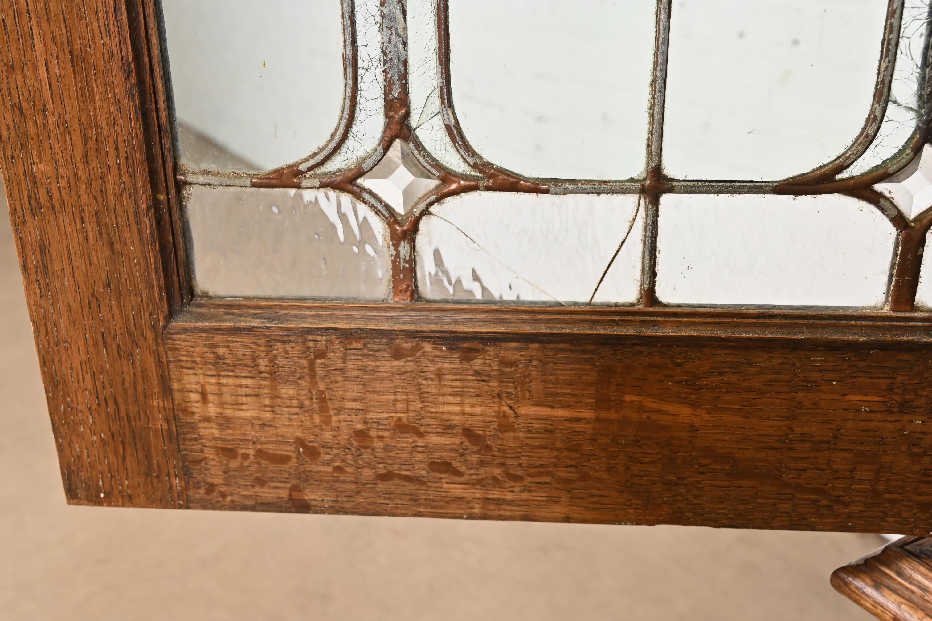 Brass Antique Art Nouveau Oak Bookcase With Beveled Leaded Glass Doors, Circa 1900