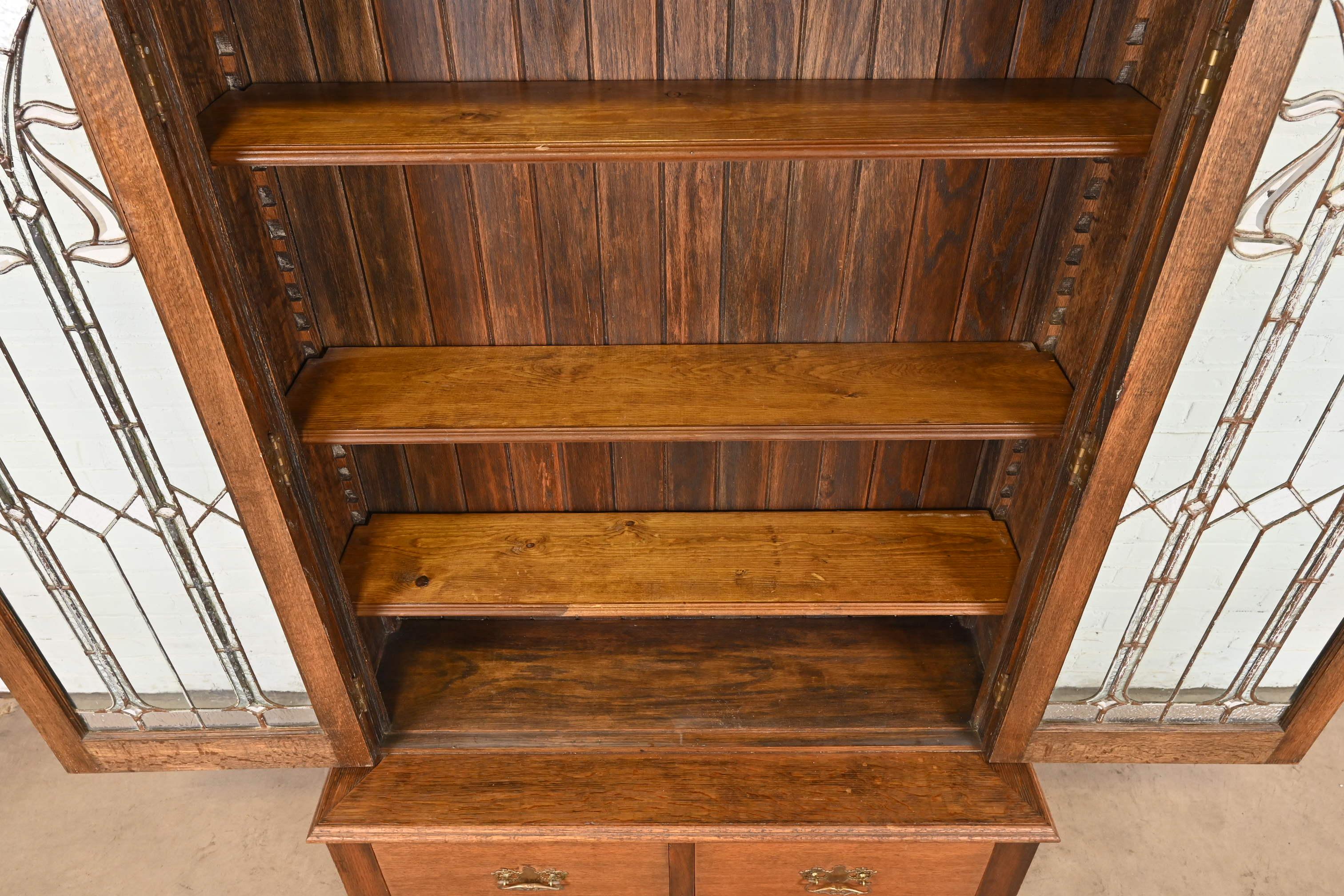 Antique Art Nouveau Oak Bookcase With Beveled Leaded Glass Doors, Circa 1900 1