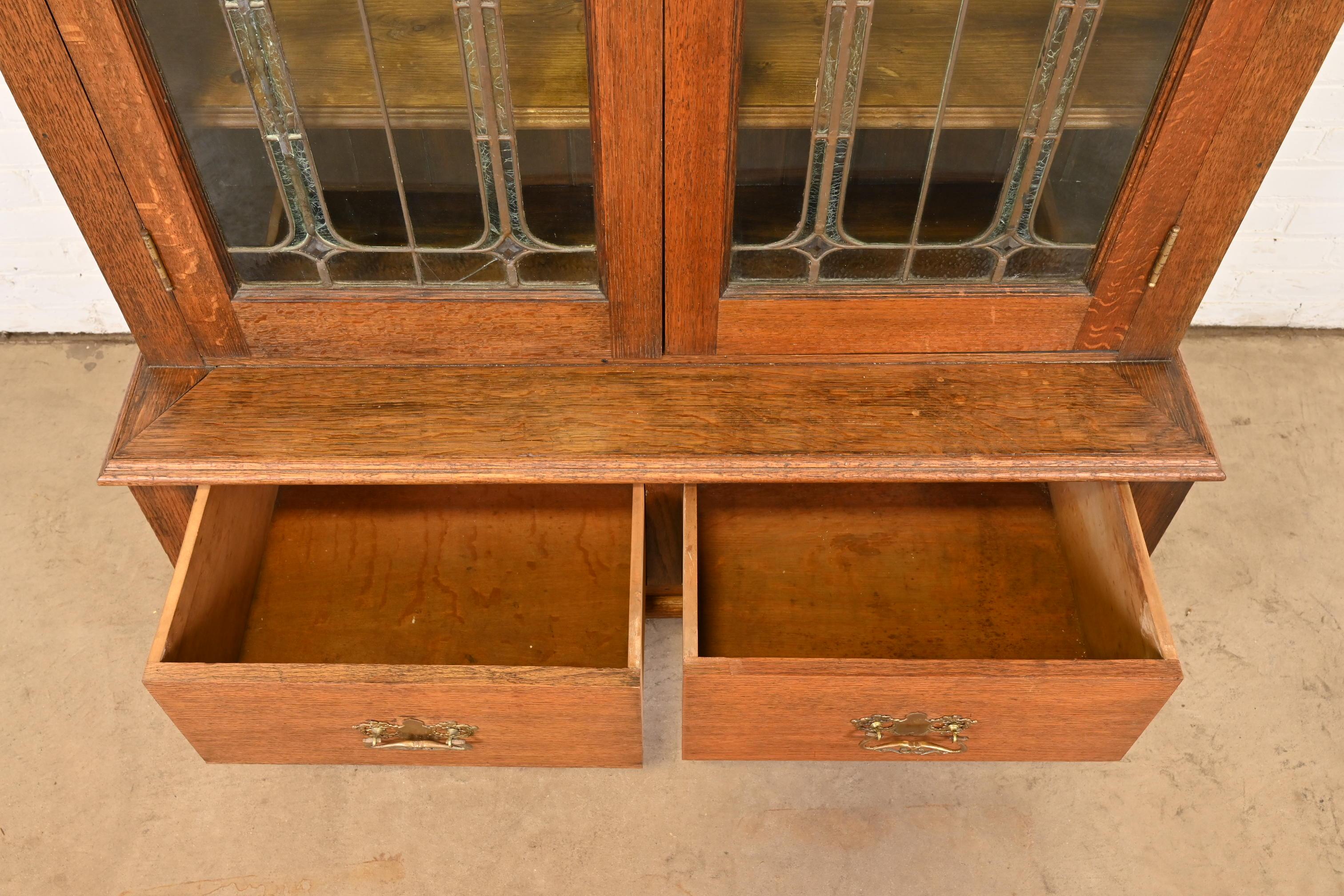 Antique Art Nouveau Oak Bookcase With Beveled Leaded Glass Doors, Circa 1900 2
