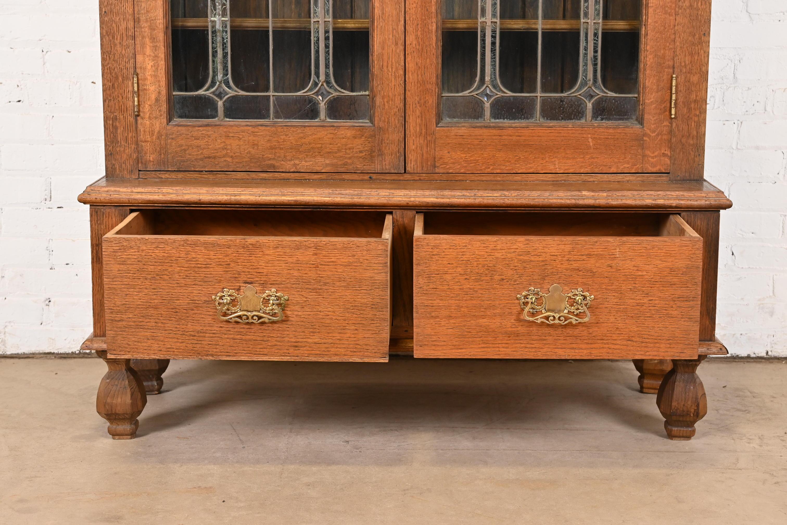 Antique Art Nouveau Oak Bookcase With Beveled Leaded Glass Doors, Circa 1900 3