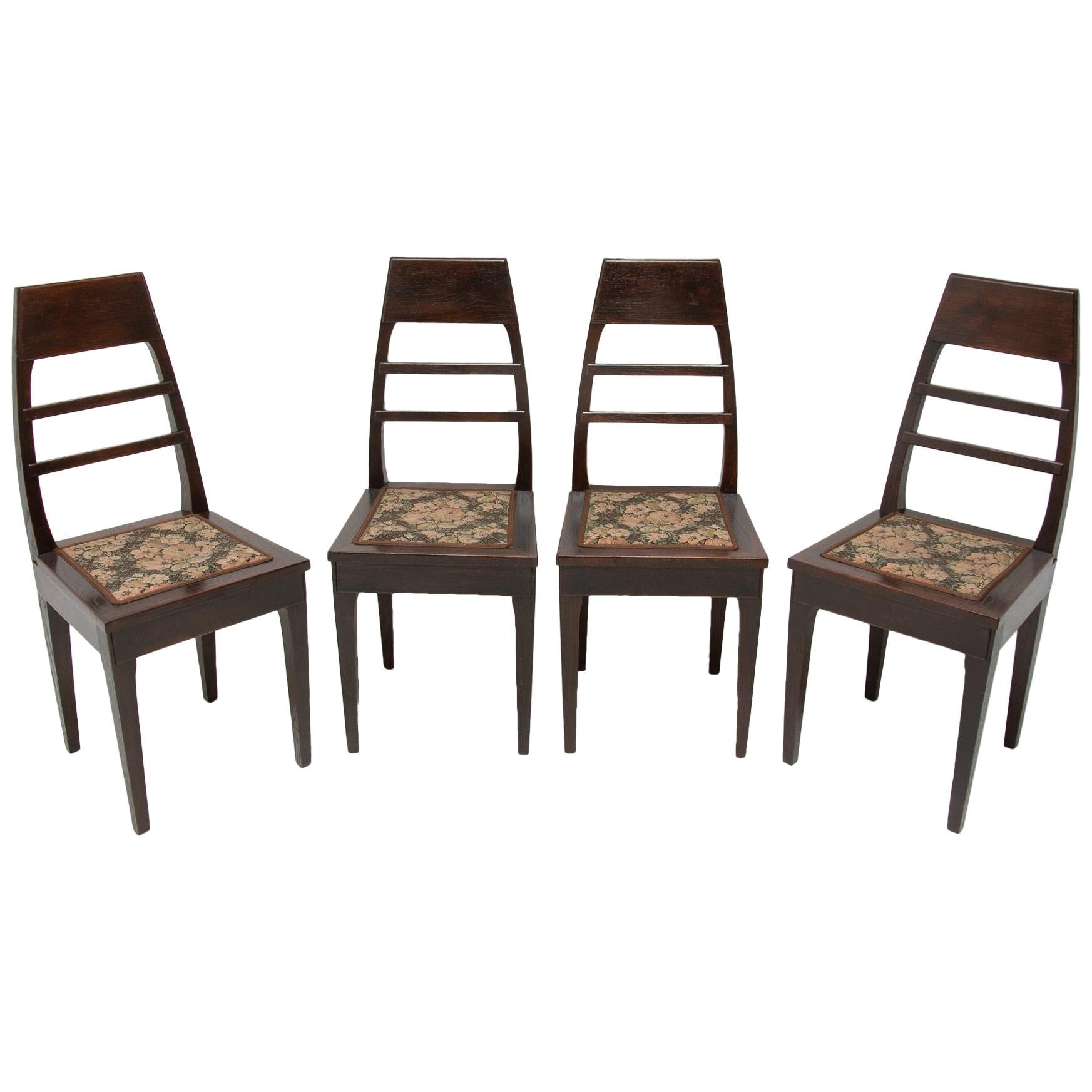 Antique Art Nouveau Oak Dining Chairs, Set of 4