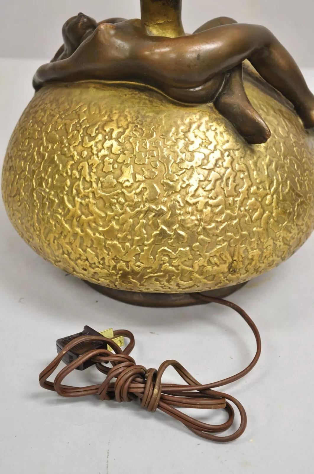 Antique Art Nouveau Olive Kooken Figural Nude Female Bronze Ceramic Table Lamp For Sale 5