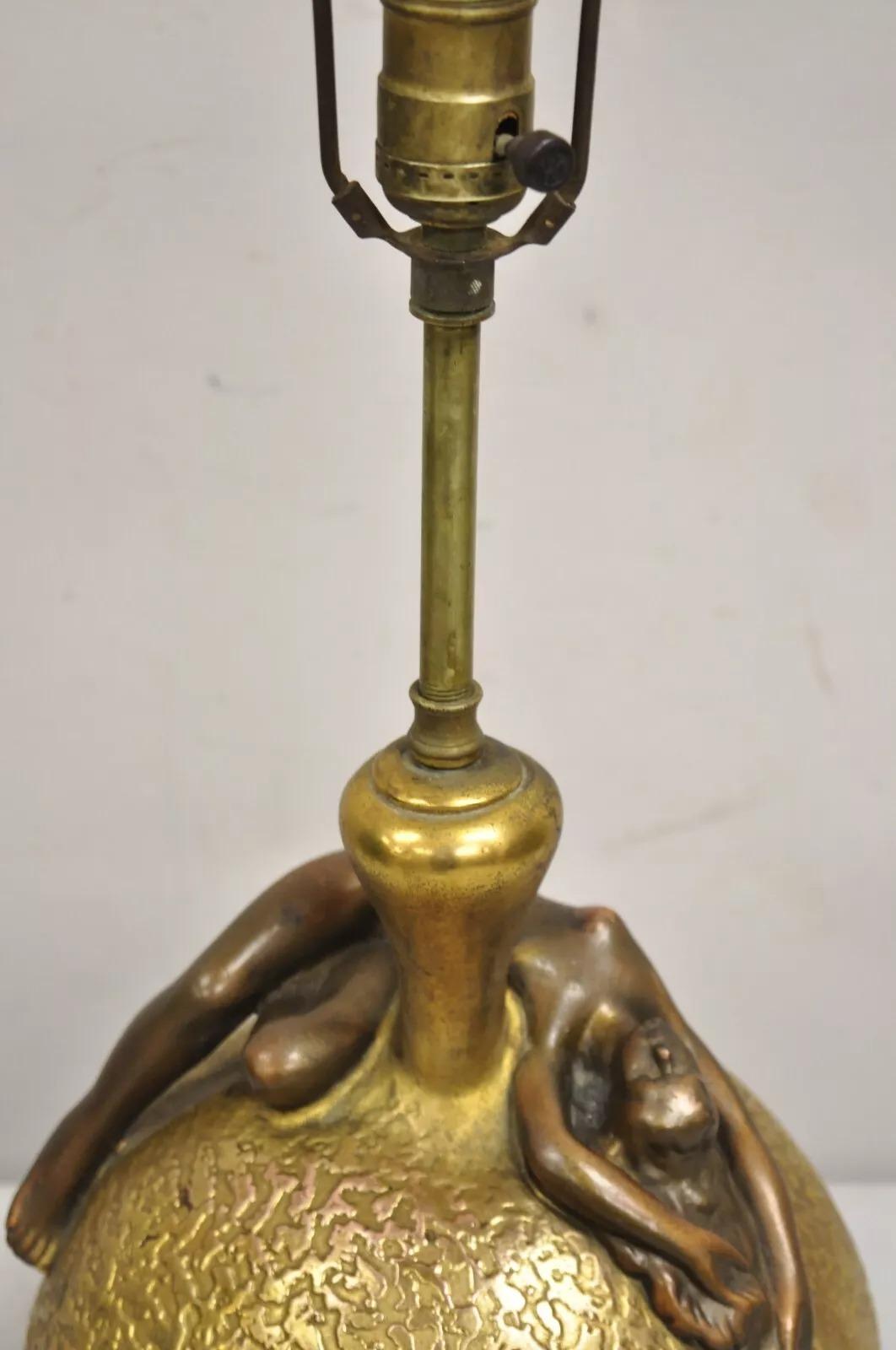 Antique Art Nouveau Olive Kooken Figural Nude Female Bronze Ceramic Table Lamp For Sale 6