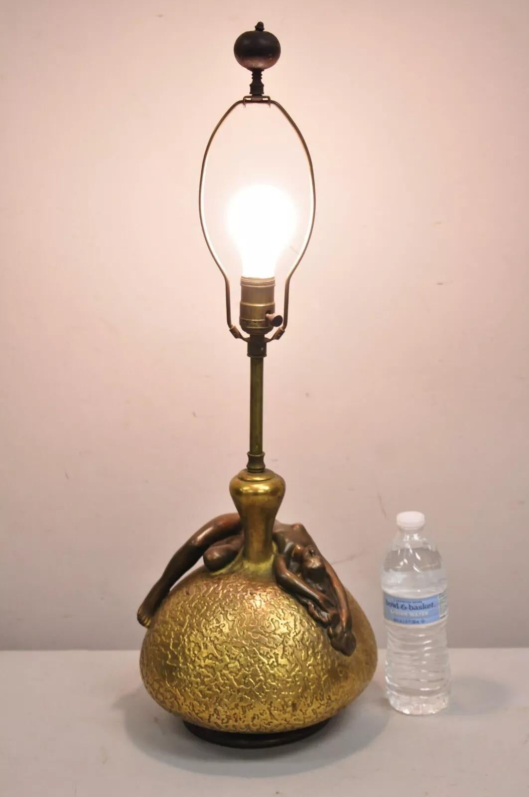 Antique Art Nouveau Olive Kooken Figural Nude Female Bronze Clad Ceramic Table Lamp. Circa Early 20th Century. Measurements: 27