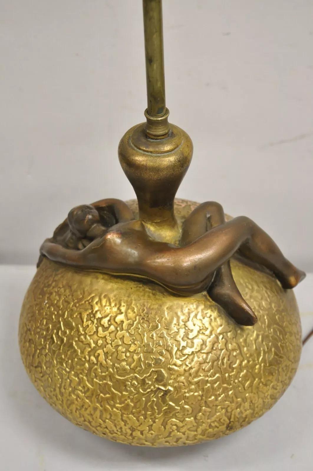 20th Century Antique Art Nouveau Olive Kooken Figural Nude Female Bronze Ceramic Table Lamp For Sale