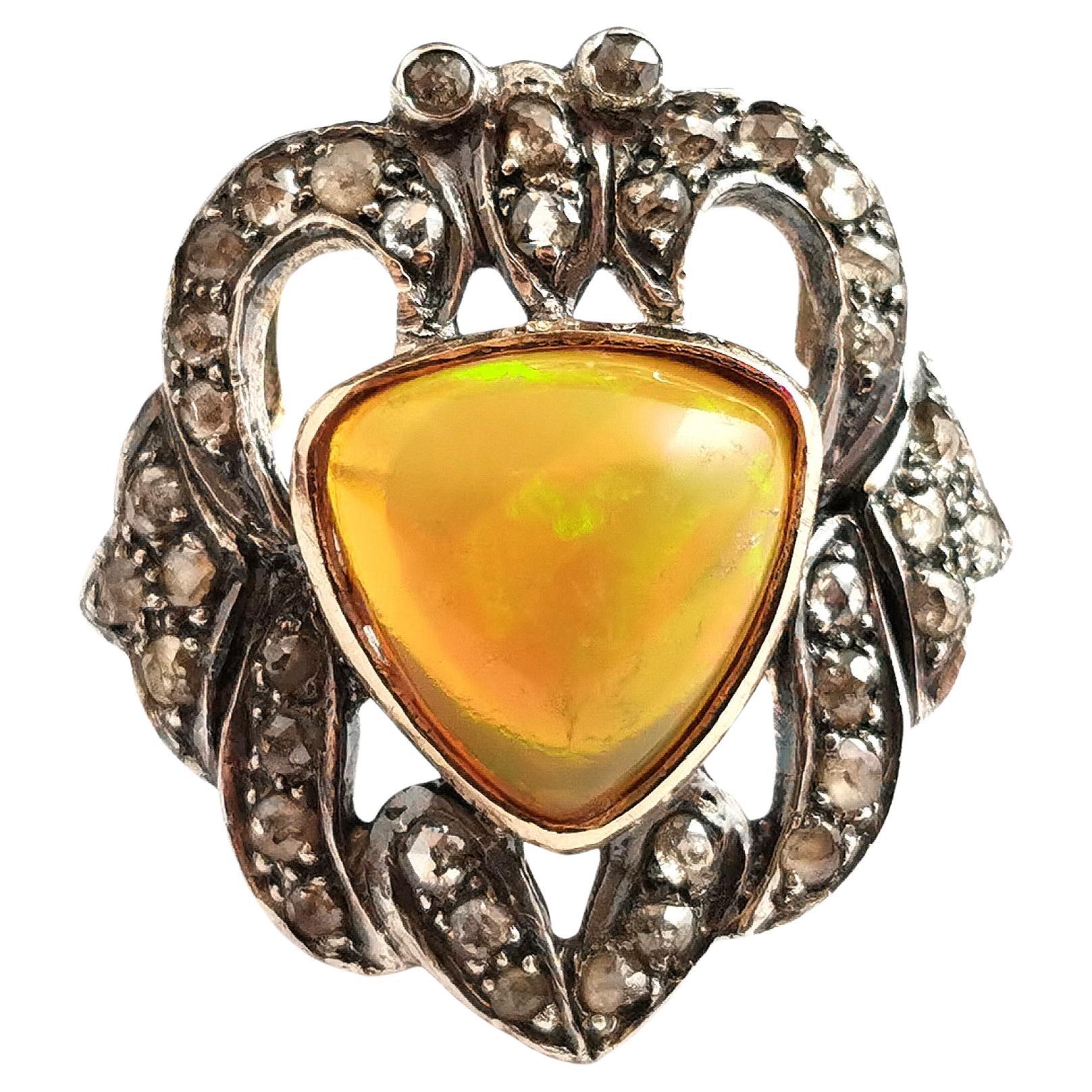 Antique Art Nouveau Opal and Diamond Ring, 9kt gold and silver