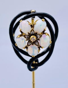 Antique Art Nouveau Opal Diamond Enamel Gold Flower Stick Pin