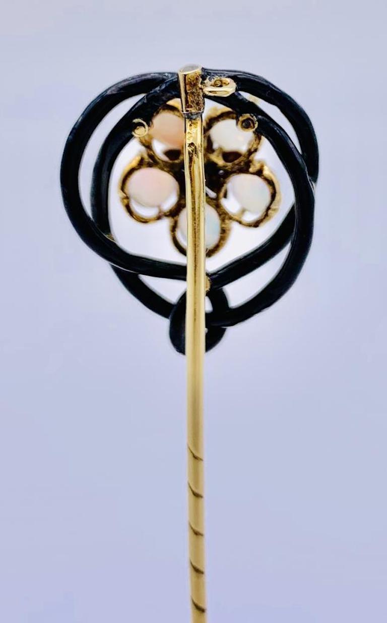 Antique Art Nouveau Opal Diamond Enamel Gold Flower Stick Pin In Excellent Condition For Sale In Munich, Bavaria