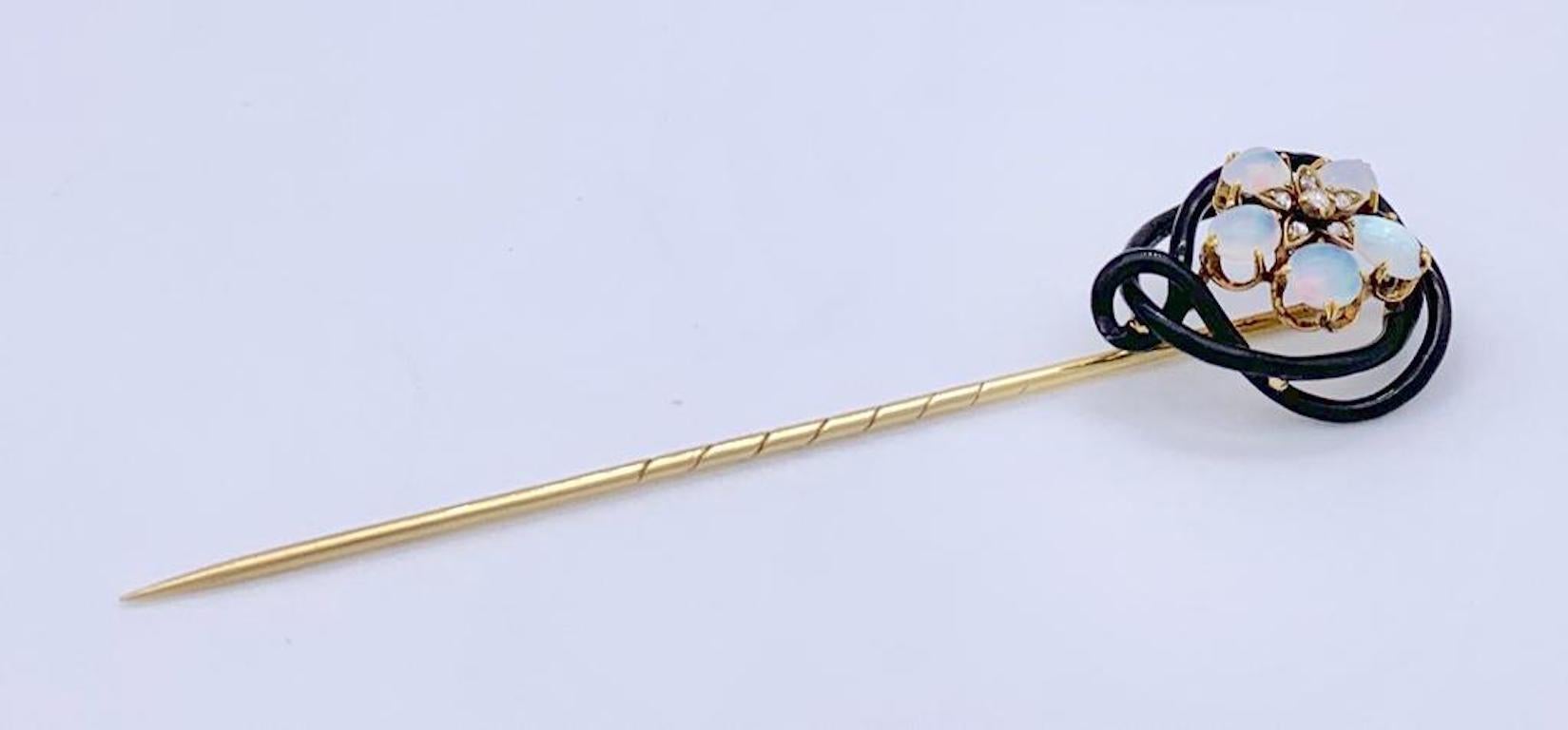 Antique Art Nouveau Opal Diamond Enamel Gold Flower Stick Pin For Sale 2