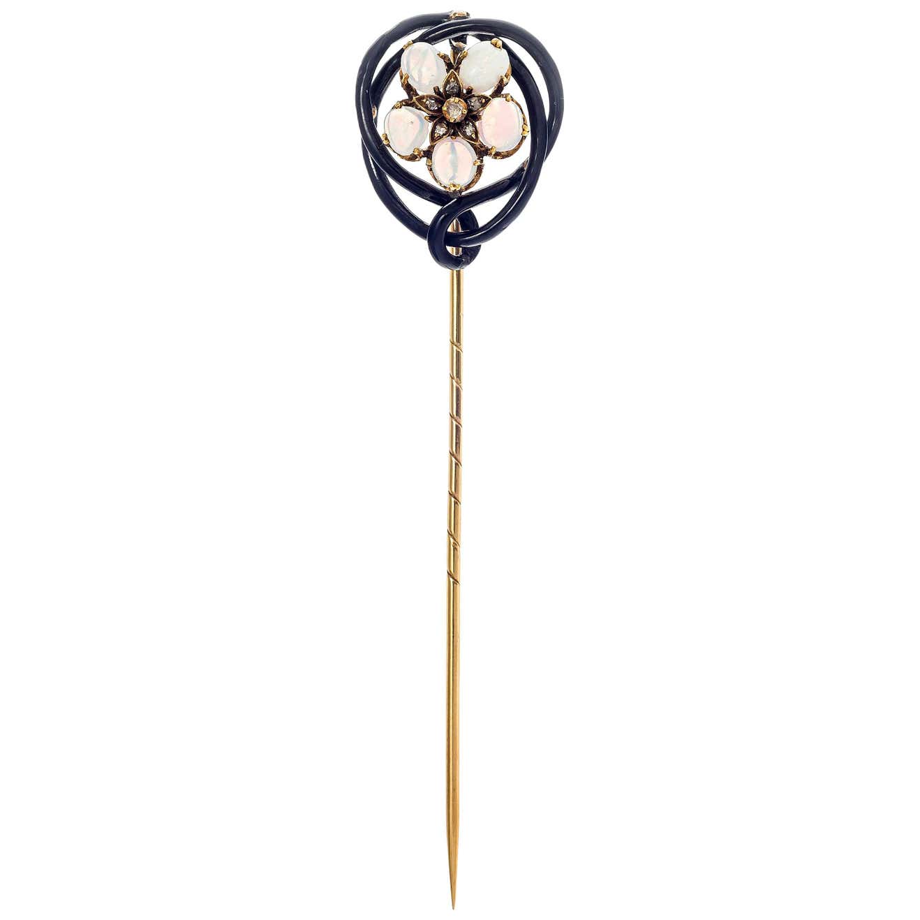 Antique Art Nouveau Opal Diamond Enamel Gold Flower Stick Pin For Sale ...