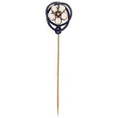 Antique Art Nouveau Opal Diamond Enamel Gold Flower Stick Pin