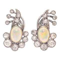 Antique Art Nouveau Opal Diamond Floral Earrings