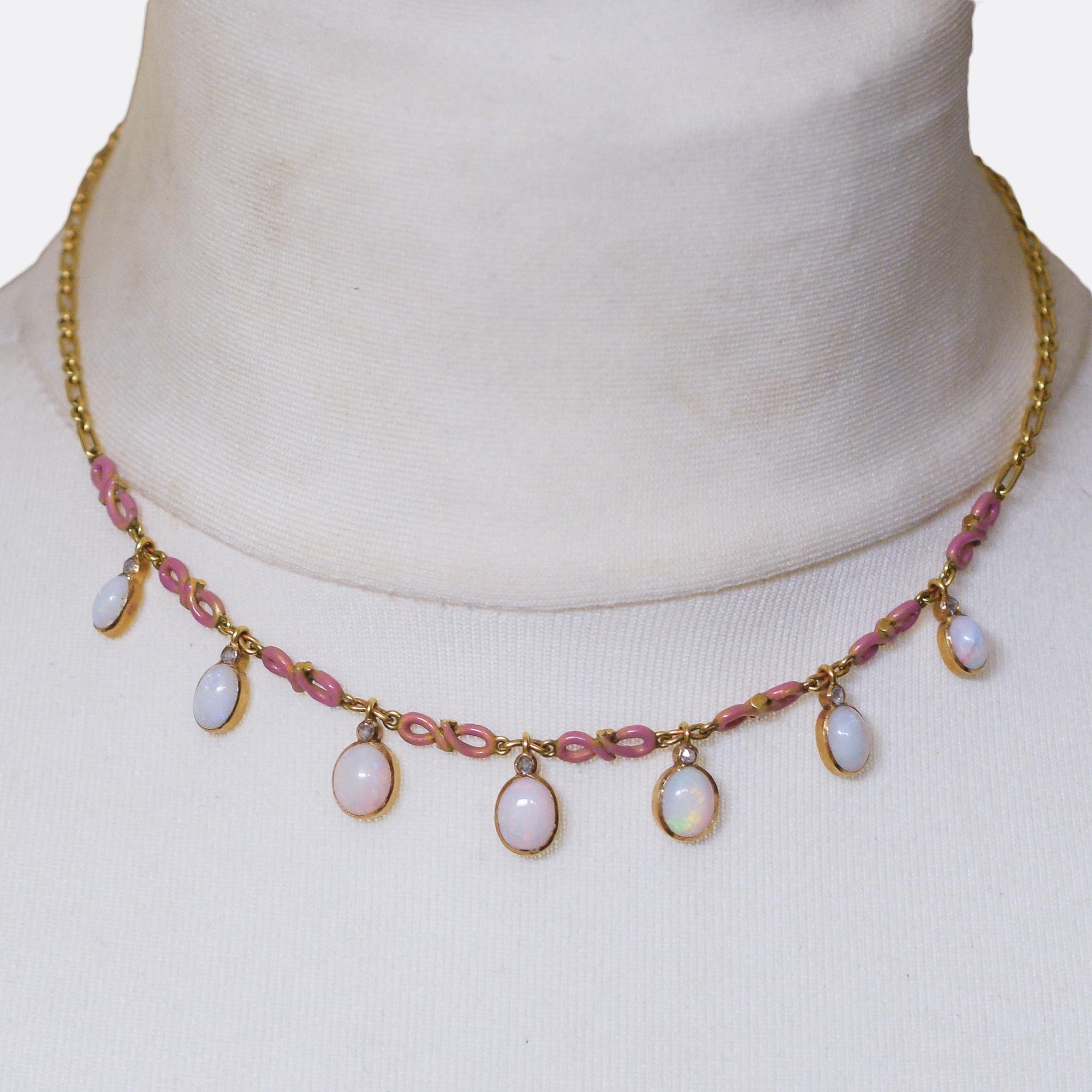 Women's Antique Art Nouveau Opal Enamel Fringe Necklace