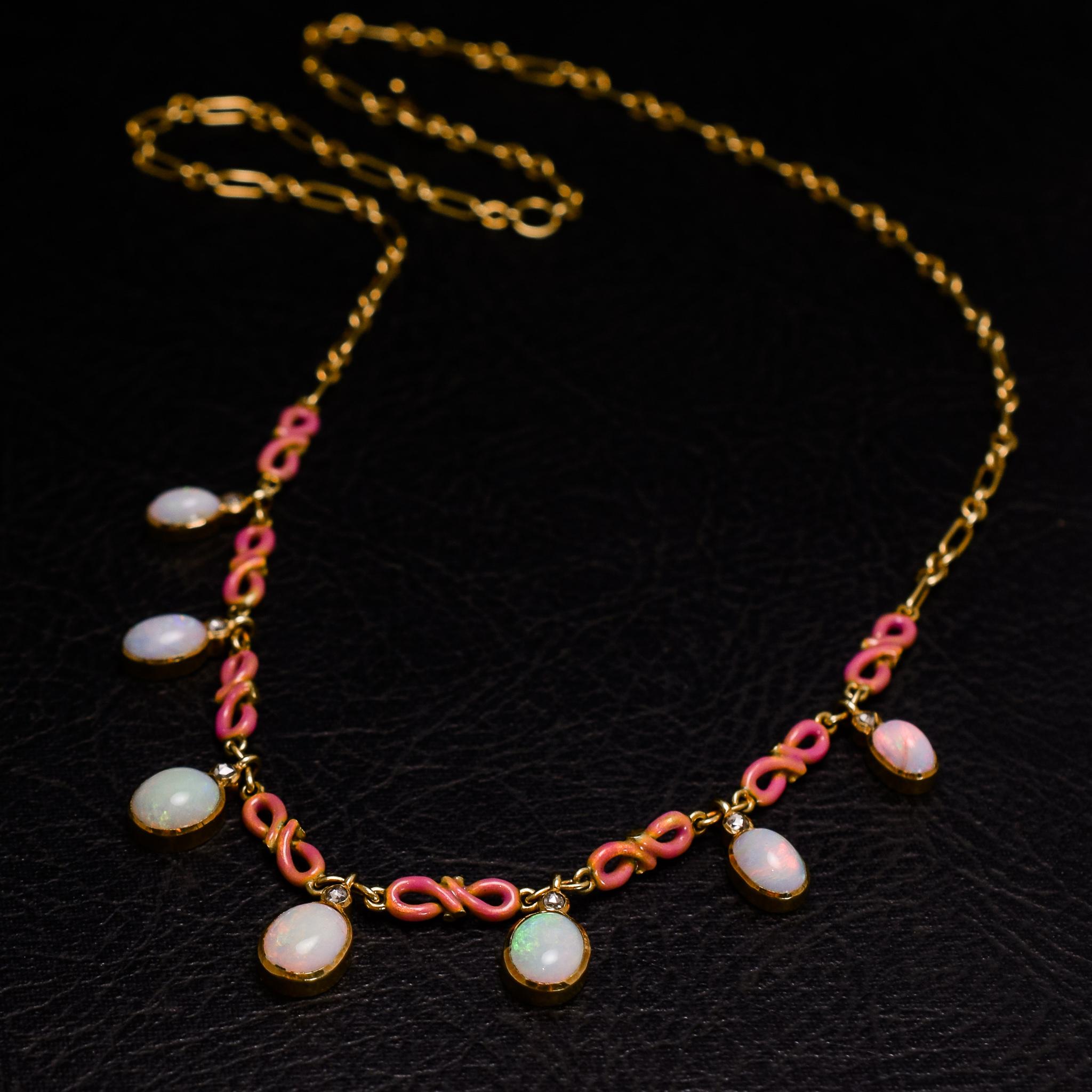 Antique Art Nouveau Opal Enamel Fringe Necklace 1