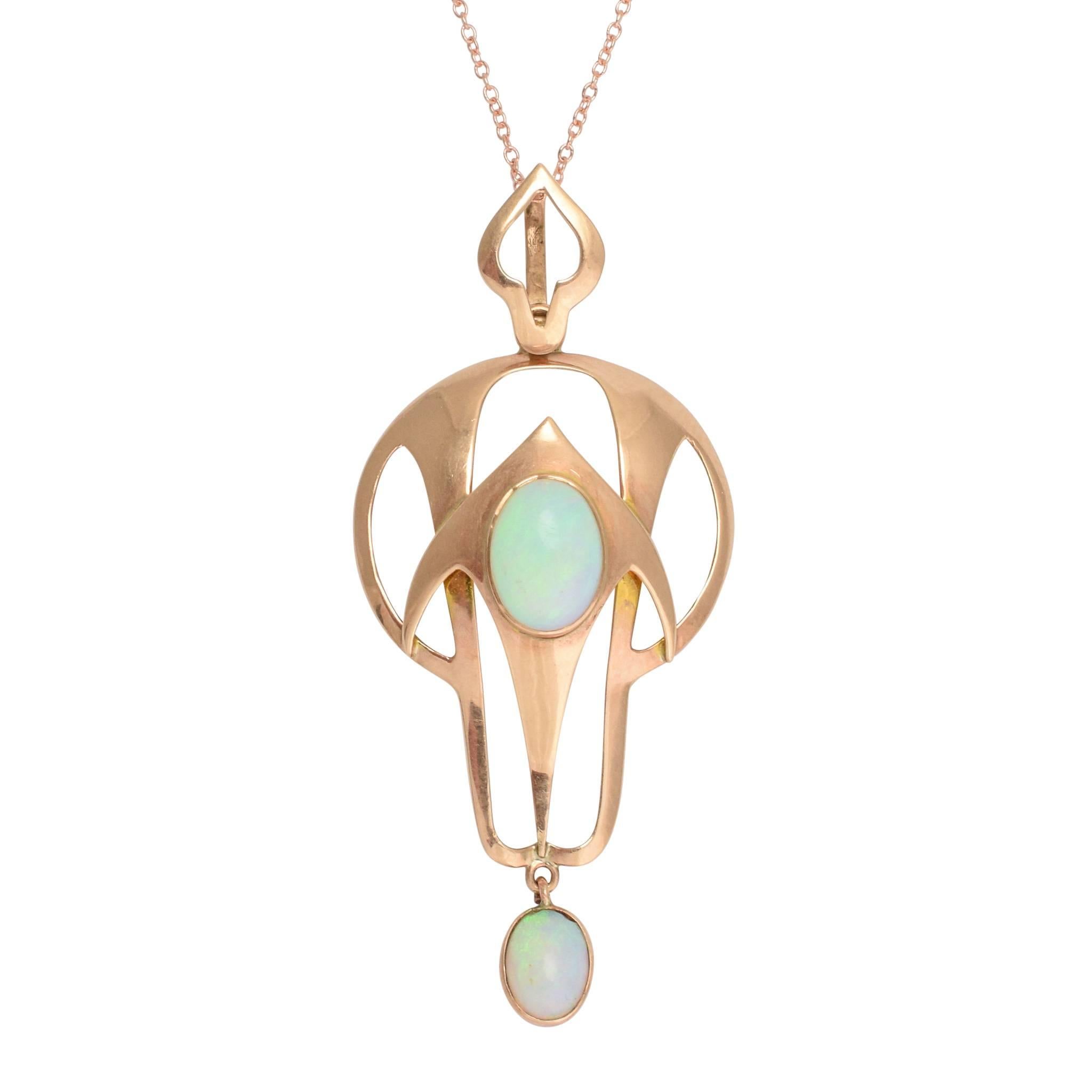 Antique Art Nouveau Opal Rose Gold Pendant Necklace