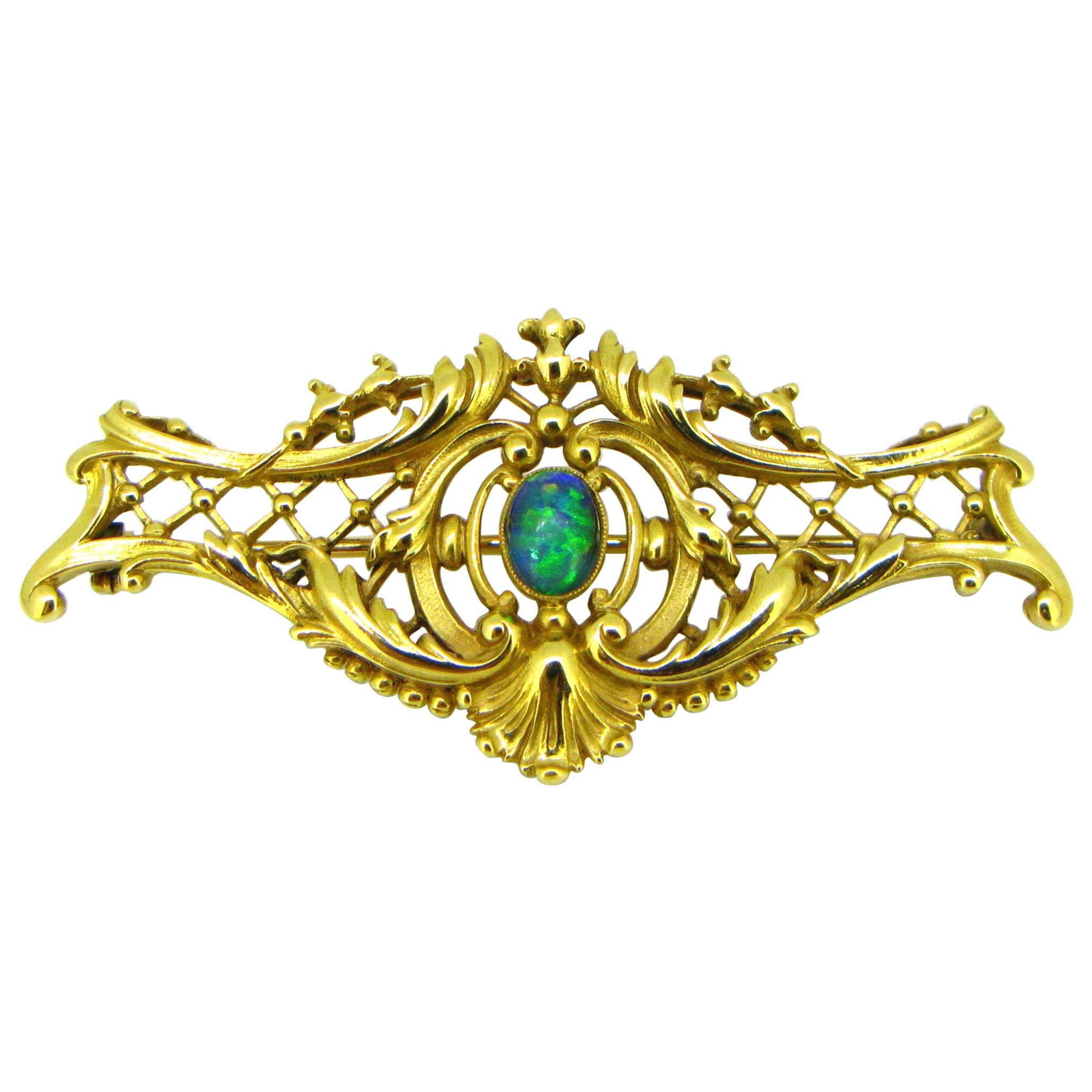 Antique Art Nouveau Opal Yellow Gold Brooch
