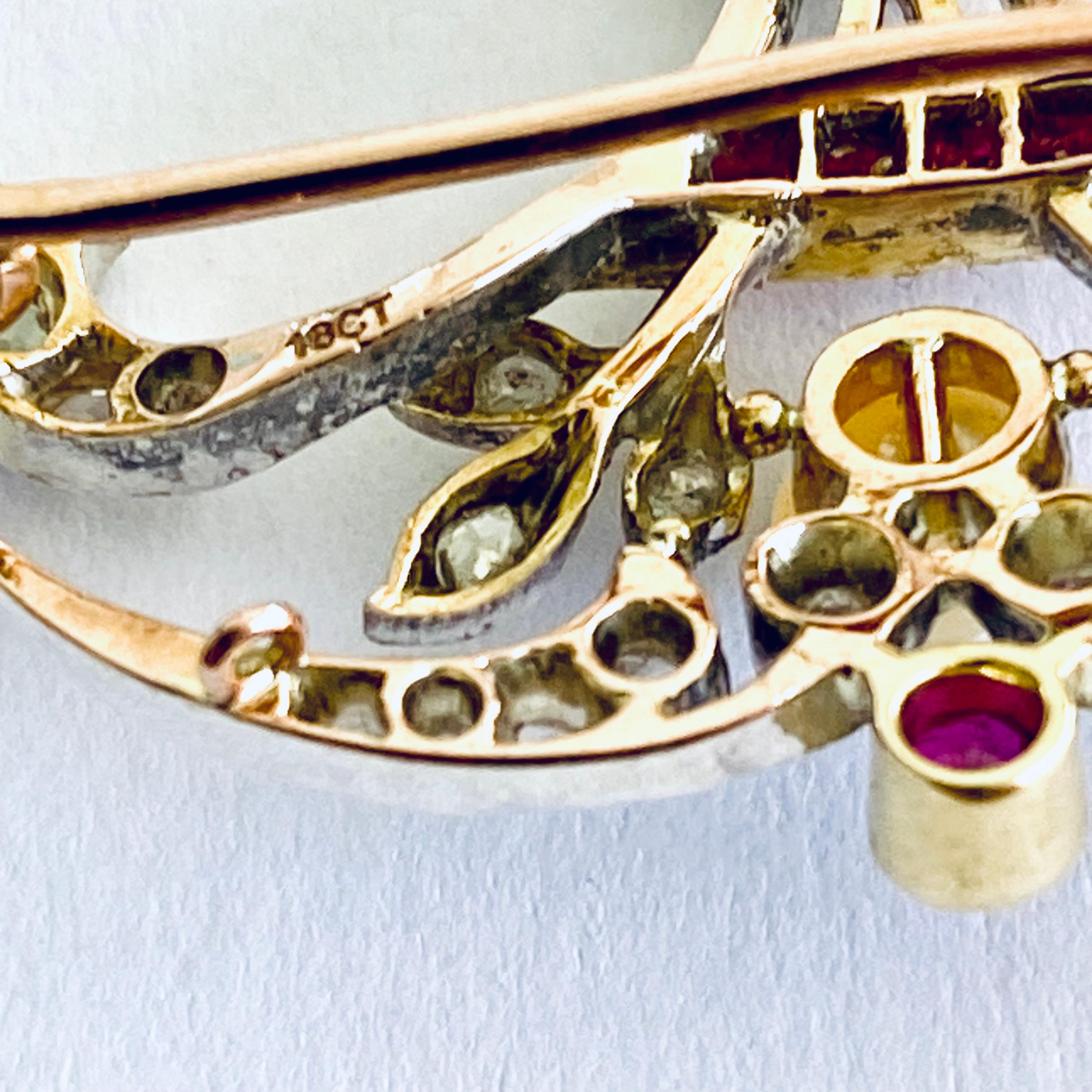 Antique Art Nouveau Open Scroll Floral Diamond Ruby Pearl 18 Karat Gold Brooch For Sale 1