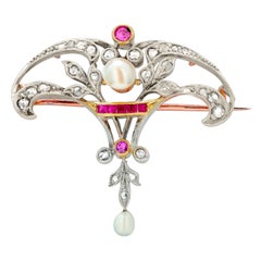 Antique Art Nouveau Open Scroll Floral Diamond Ruby Pearl 18 Karat Gold Brooch