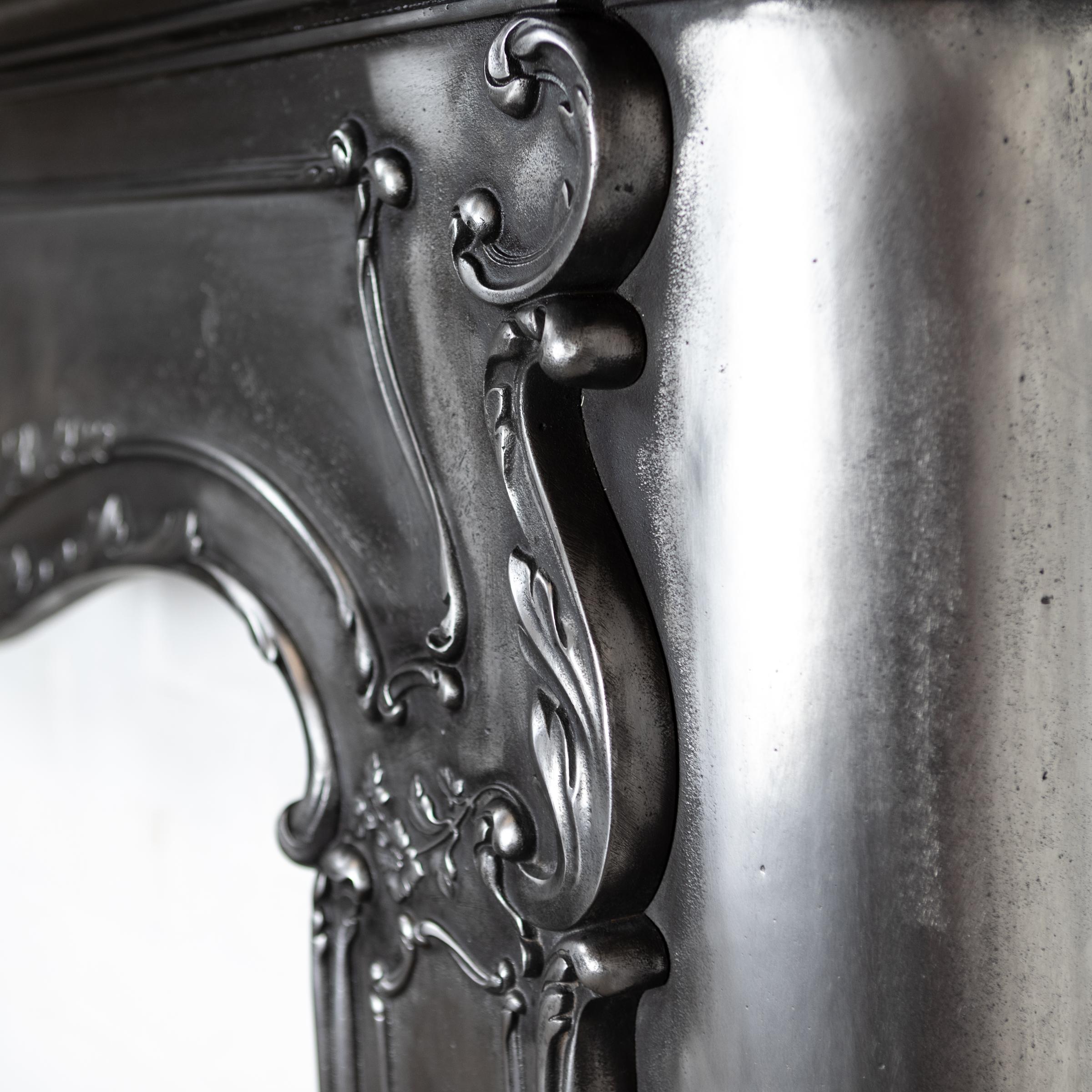 19th Century Antique Art Nouveau Ornate Polished Cast Iron Fireplace Surround For Sale