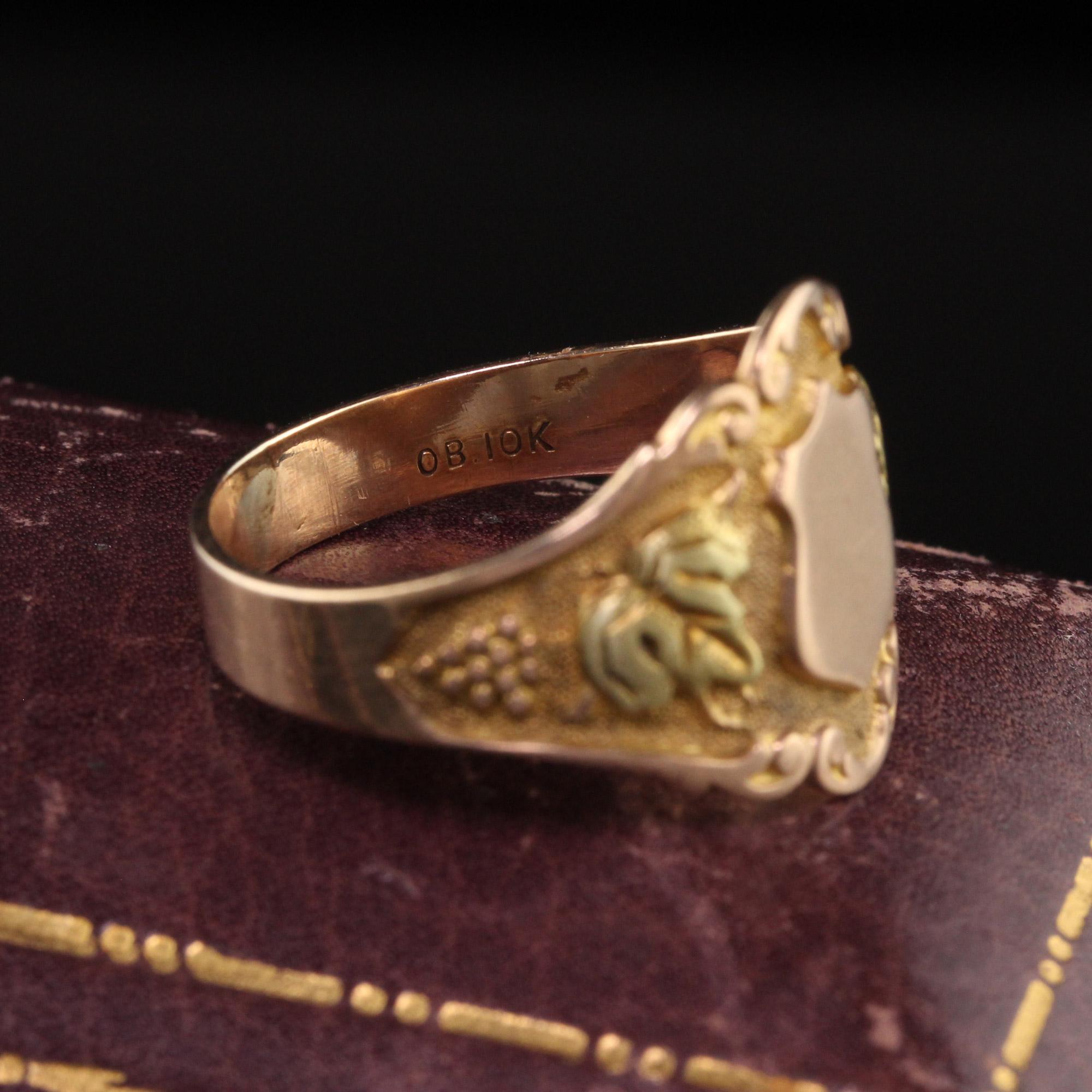 Women's or Men's Antique Art Nouveau Otsby Barton 10k Yellow Gold Two Tone Signet Ring For Sale