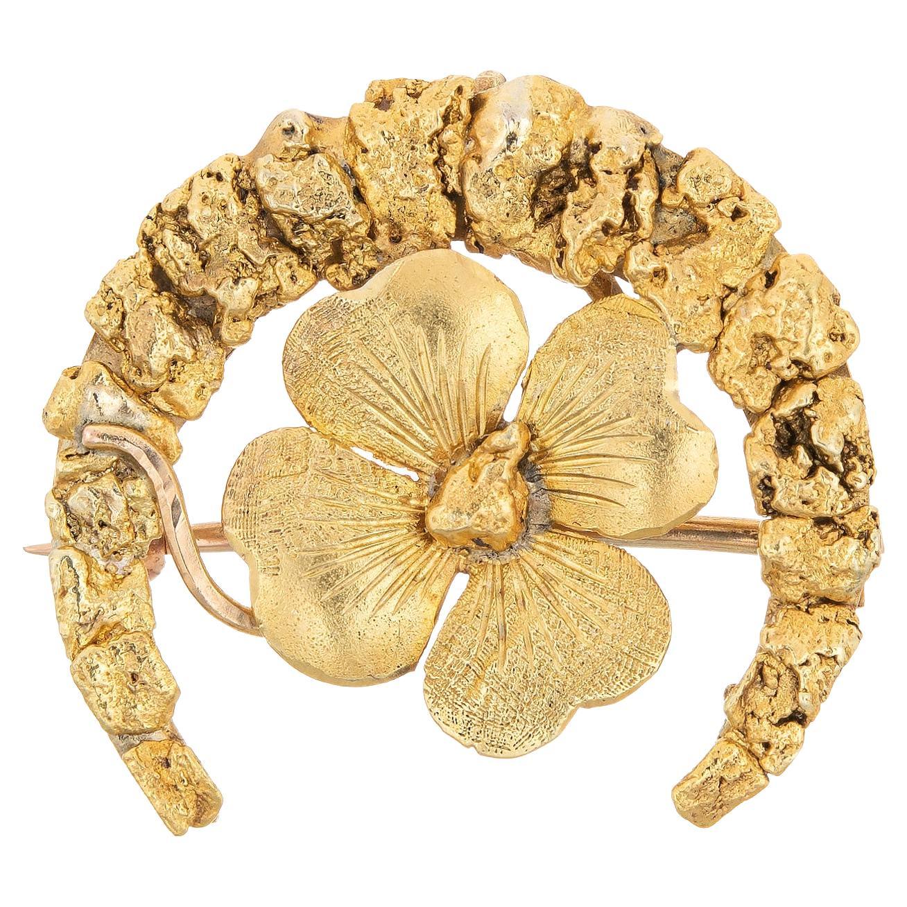 Antique Art Nouveau Pansy Brooch Crescent Moon Gold Nuggets 18k Fine Jewelry en vente